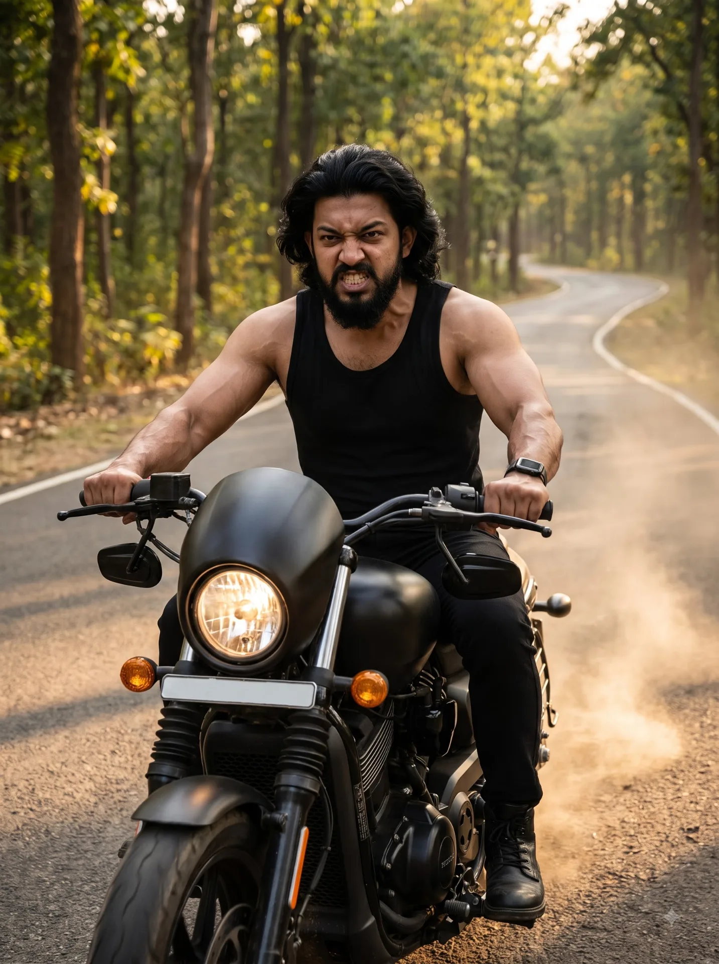 Cinematic photo of a muscular bearded man riding a matte black cruiser motorcycle on a forest road, photorealistic, 8K, ultra detailed.