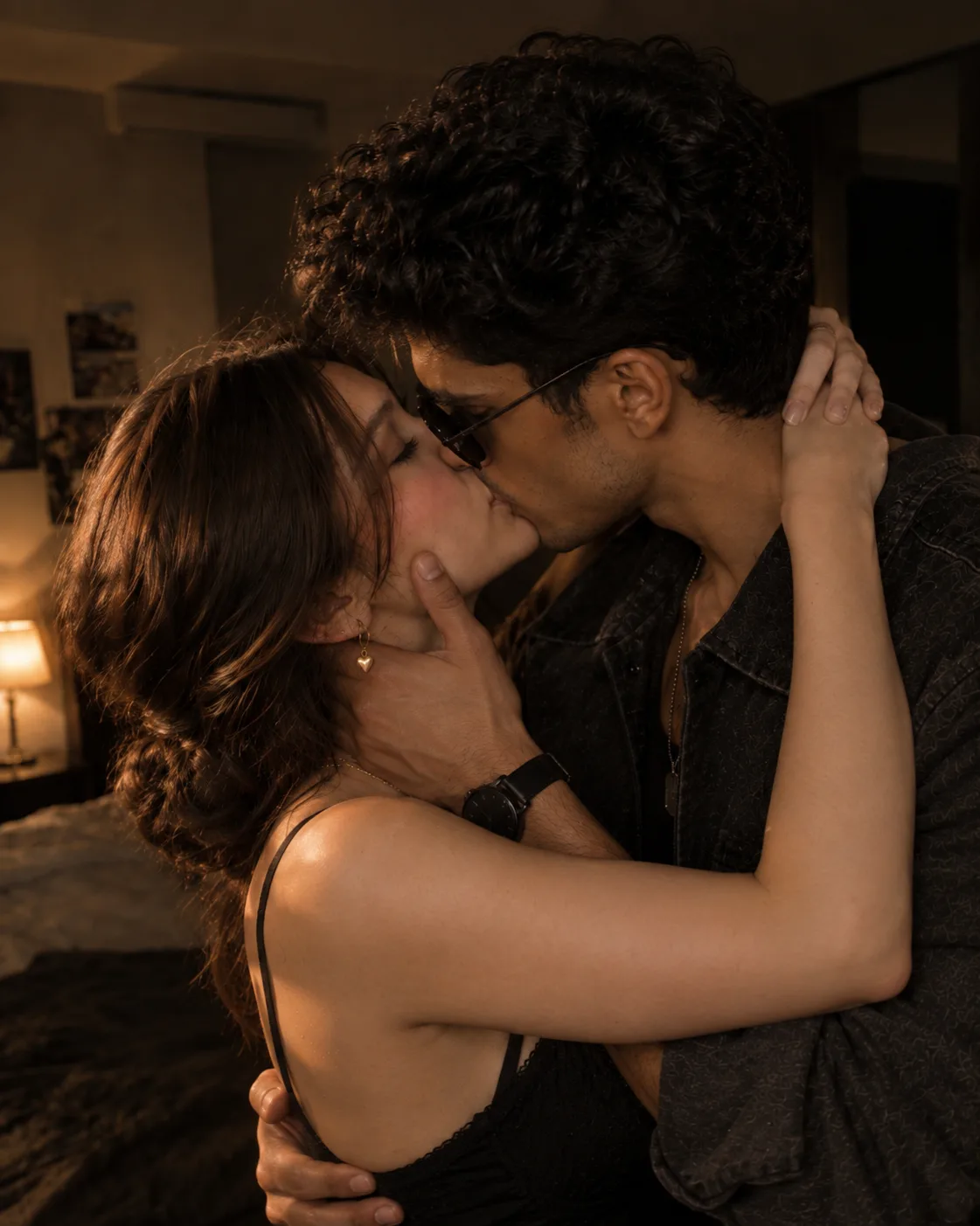 Create an ultra-realistic cinematic portrait of the same two adults from the provided reference images sharing a gentle, romantic kiss in a