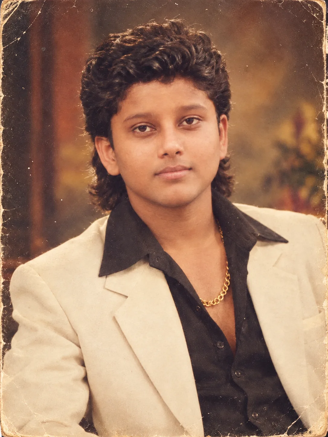 Authentic 1980s vintage Indian studio portrait of the same man, preserving his exact facial features, identity, face shape, eyes, nose,