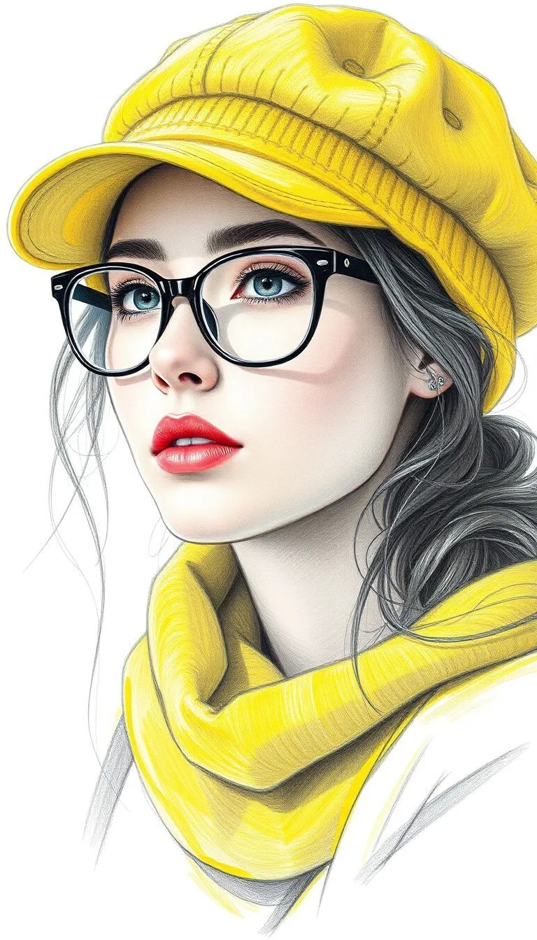 1. PROMPT TITLE Vibrant Yellow Newsboy Cap & Glasses Illustration Portrait 2. SHORT EXPLANATION OF THE CONCEPT A stylish, highly detailed
