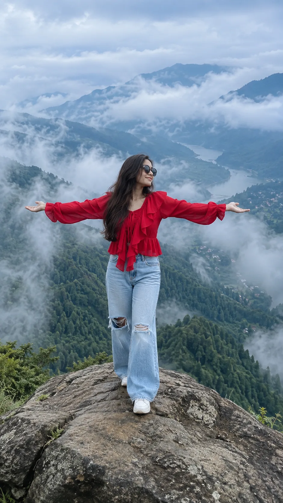 A stylish young woman standing on a large rocky cliff, wearing a bright red ruffled blouse, light blue wide-leg ripped jeans, white shoes,