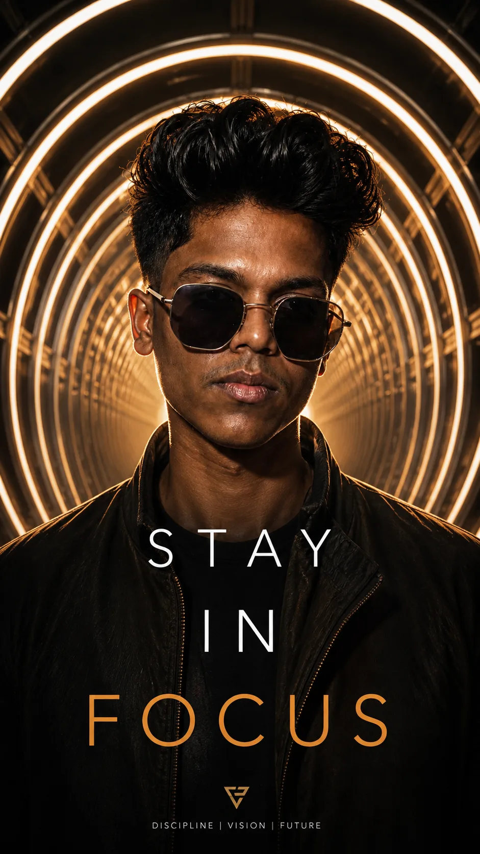 A premium 9:16 editorial portrait photography poster.Main Subject:A confident young male model standing inside a tunnel made entirely of