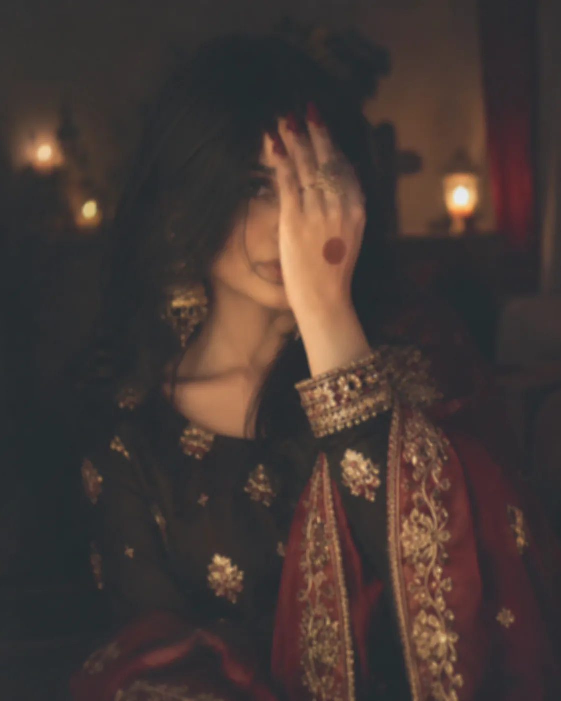 Prompt: > Aesthetic cinematic portrait of a beautiful young South Asian woman with long, loose, naturally flowing dark hair.
