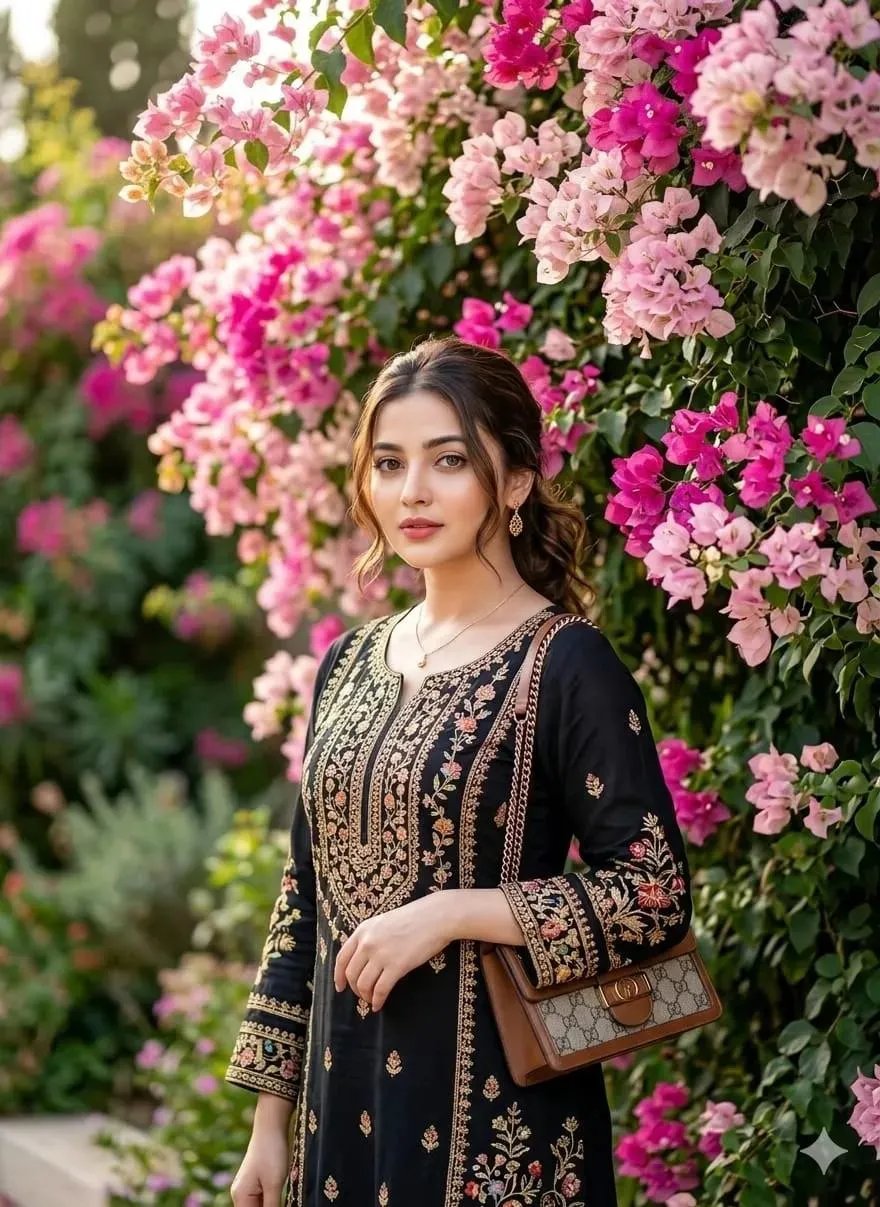 Ultra-realistic fair beautiful young woman standing in front of blooming pink bougainvillea flowers, elegant bright black embroidered