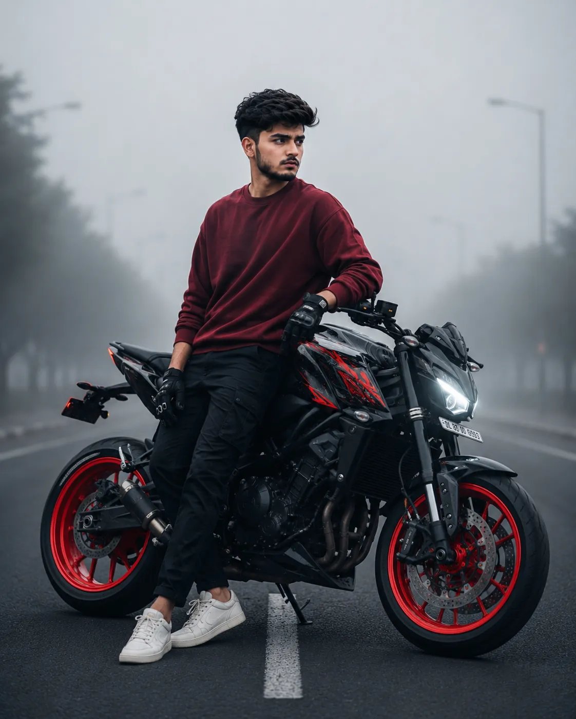Motorcyclist on foggy road
