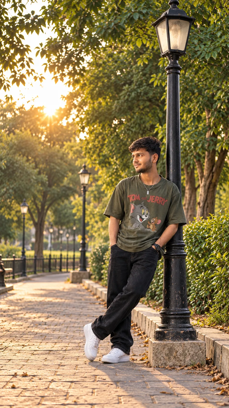 Create an ultra-realistic, high-resolution cinematic full-body outdoor fashion photograph based specifically on the uploaded reference