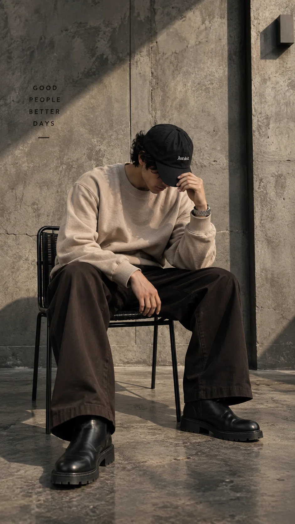 MINIMALIST FASHION EDITORIAL PHOTOSHOOT, STYLISH YOUNG MAN SITTING CASUALLY ON A BLACK METAL CHAIR, HEAD DOWN POSE WITH ONE HAND ON CAP,