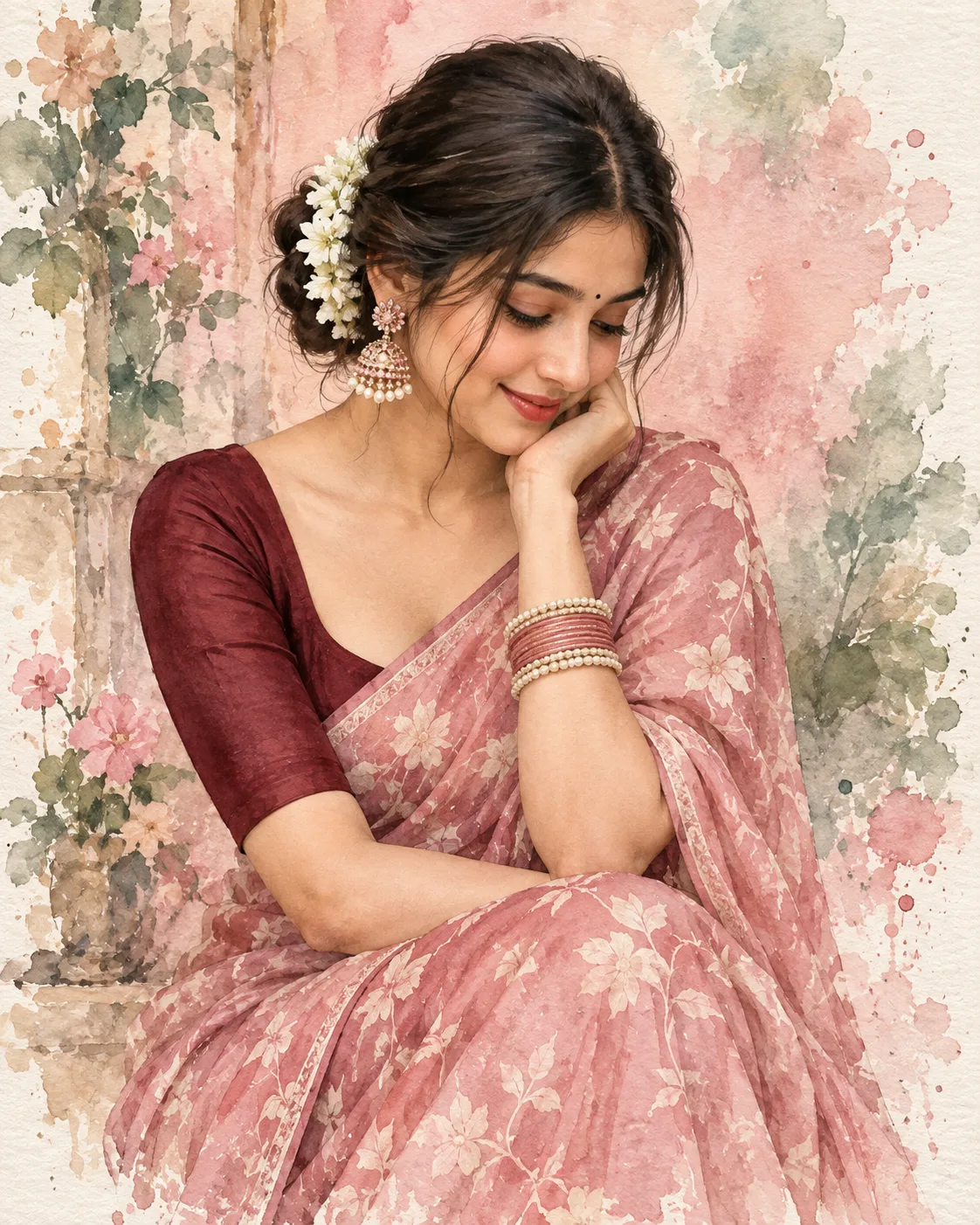 Beautiful young South Asian woman in a dusty rose-pink saree with ivory floral prints and wine-maroon blouse, looking down shyly with a