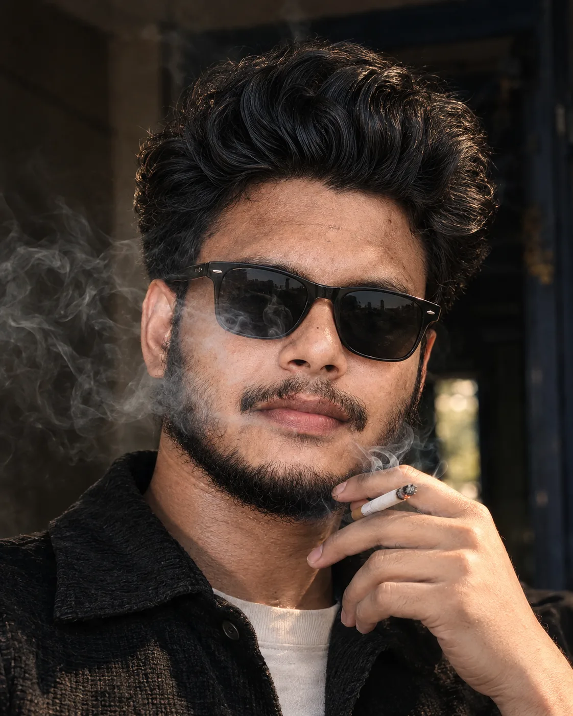 Close-up portrait of a young South Asian man with thick, voluminous wavy black hair, short beard and mustache, wearing classic black