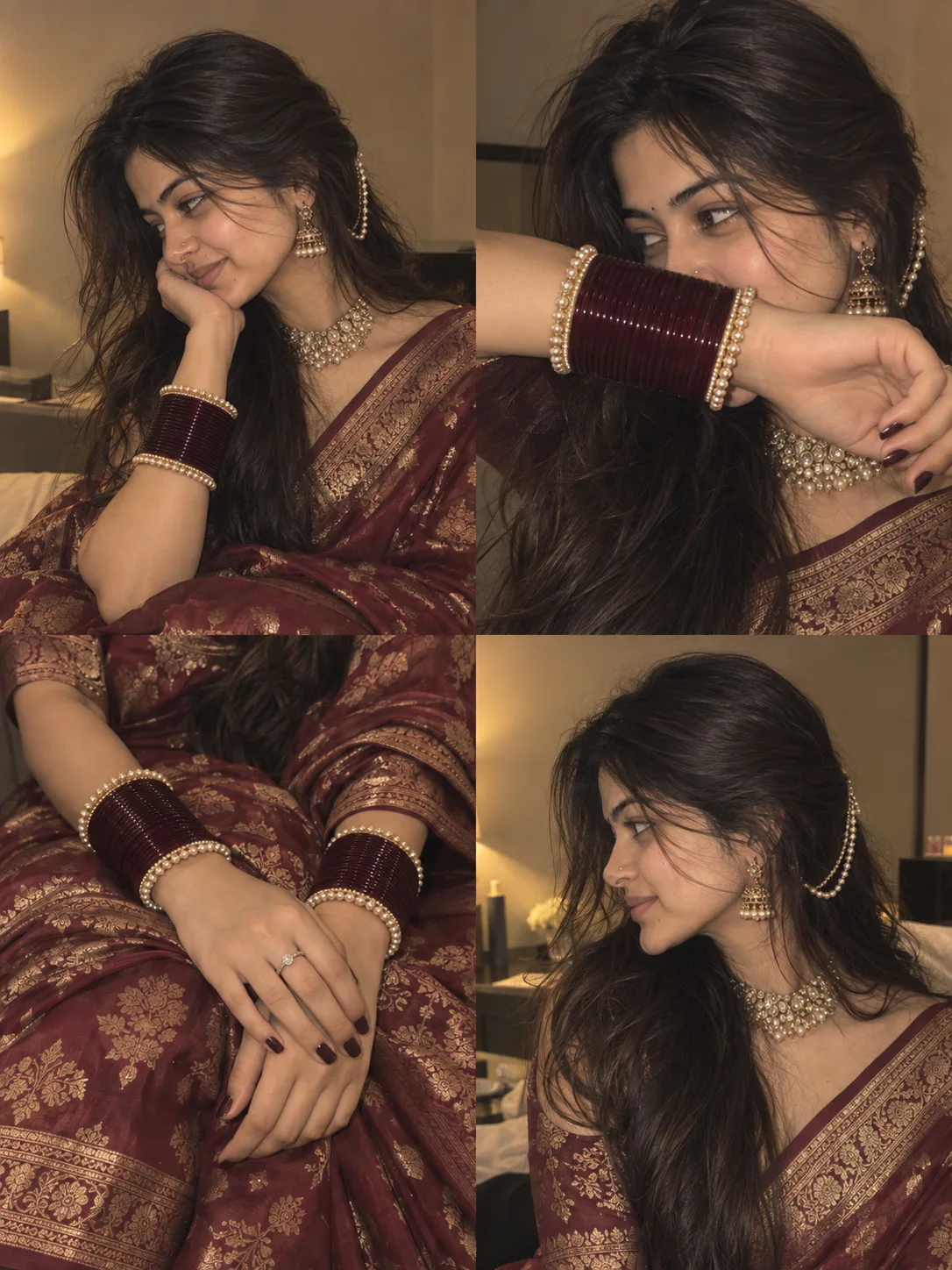 A 4-panel photo collage grid, 2x2 layout, same beautiful young Indian woman in all 4 panels, long wavy black hair half-pinned with