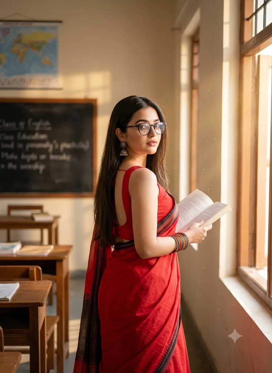 A graceful young woman standing beside a large sunlit classroom window, wearing a vibrant red saree with a black border and a matching
