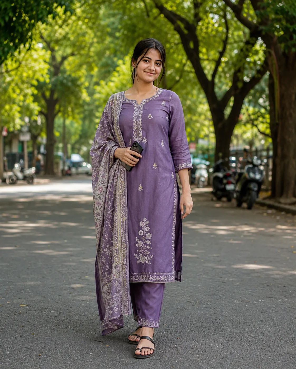 Create a highly realistic, natural full-body outdoor portrait of a young Indian woman standing casually on a quiet, tree-lined road.
