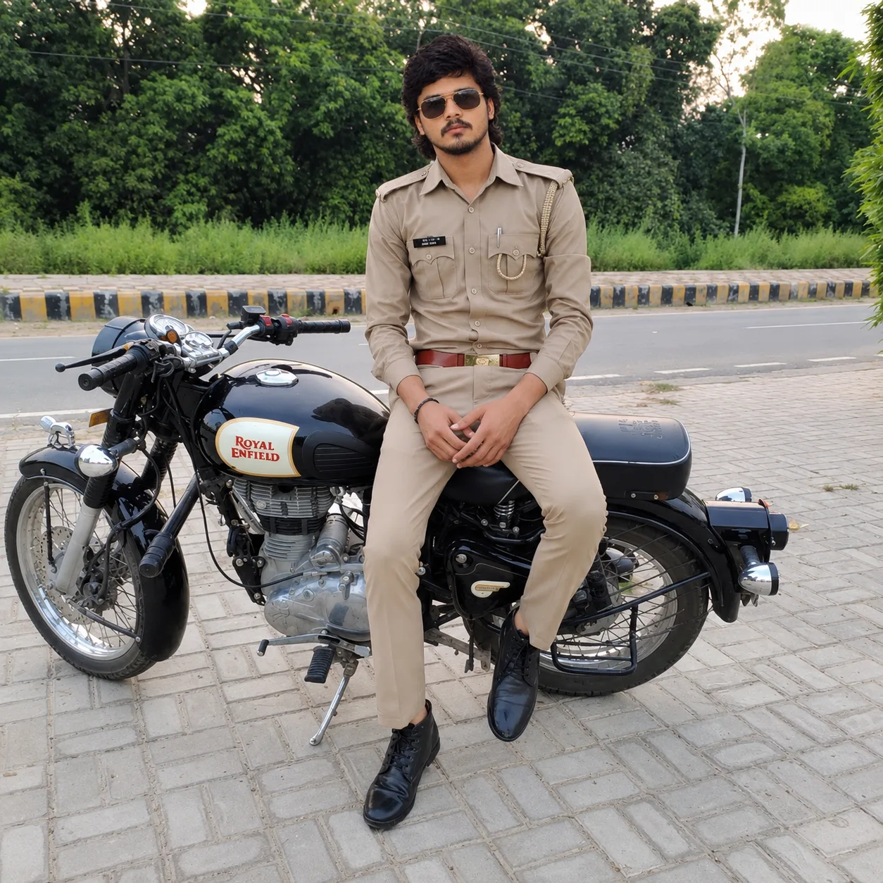 Create an ultra-realistic cinematic photograph of a young Indian man sitting confidently on a classic black Royal Enfield motorcycle parked
