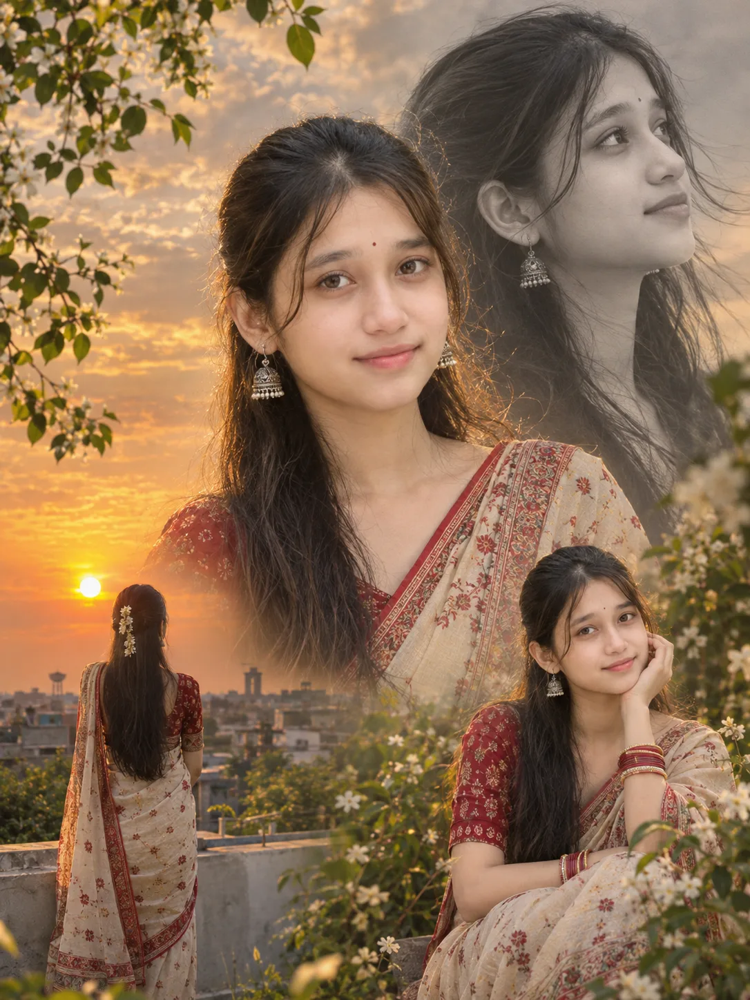 Ultra realistic photograph of a beautiful young South Asian woman presented in an artistic cinematic multi-exposure portrait collage during