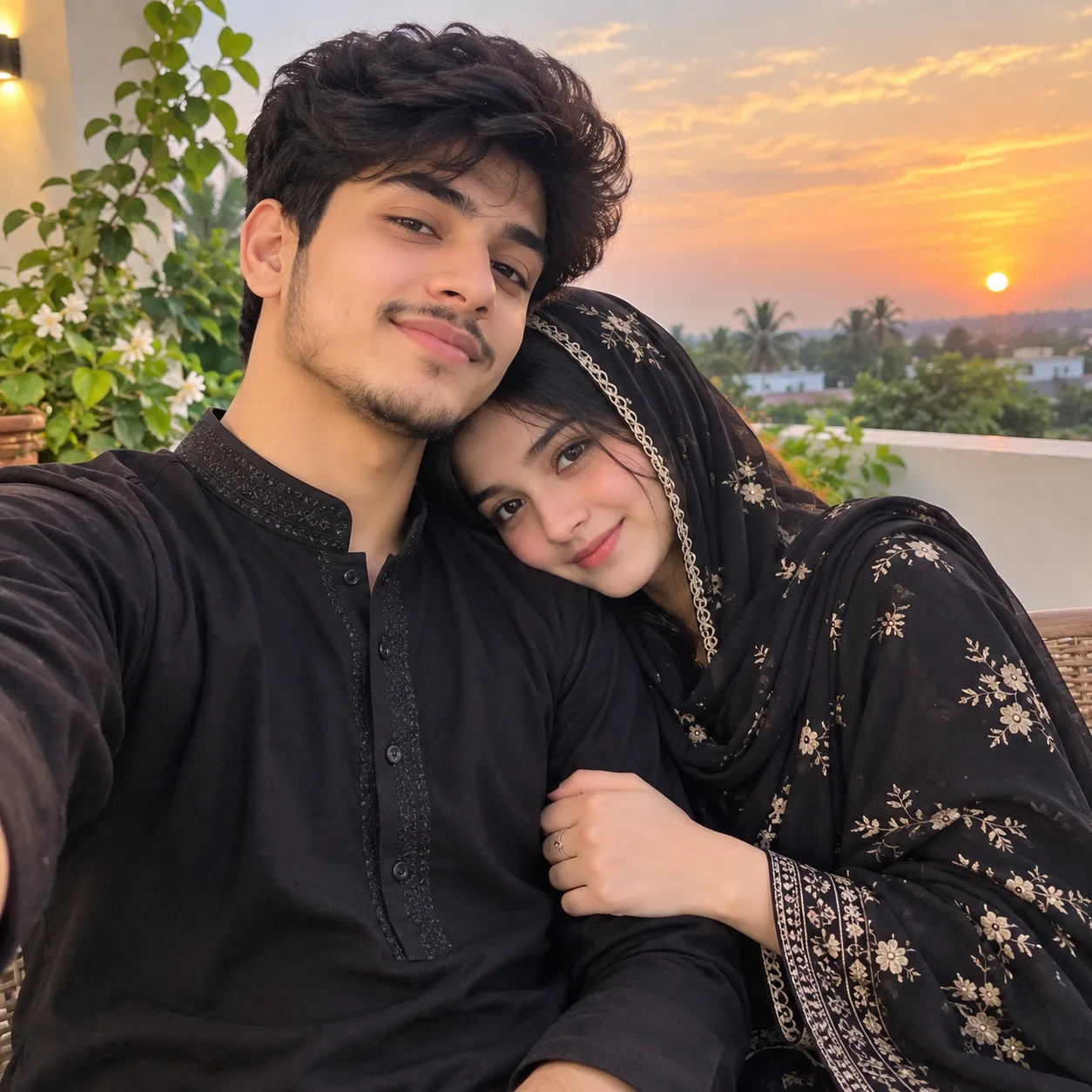 A highly realistic South Asian couple taking a natural selfie together on a beautiful rooftop terrace at sunset.