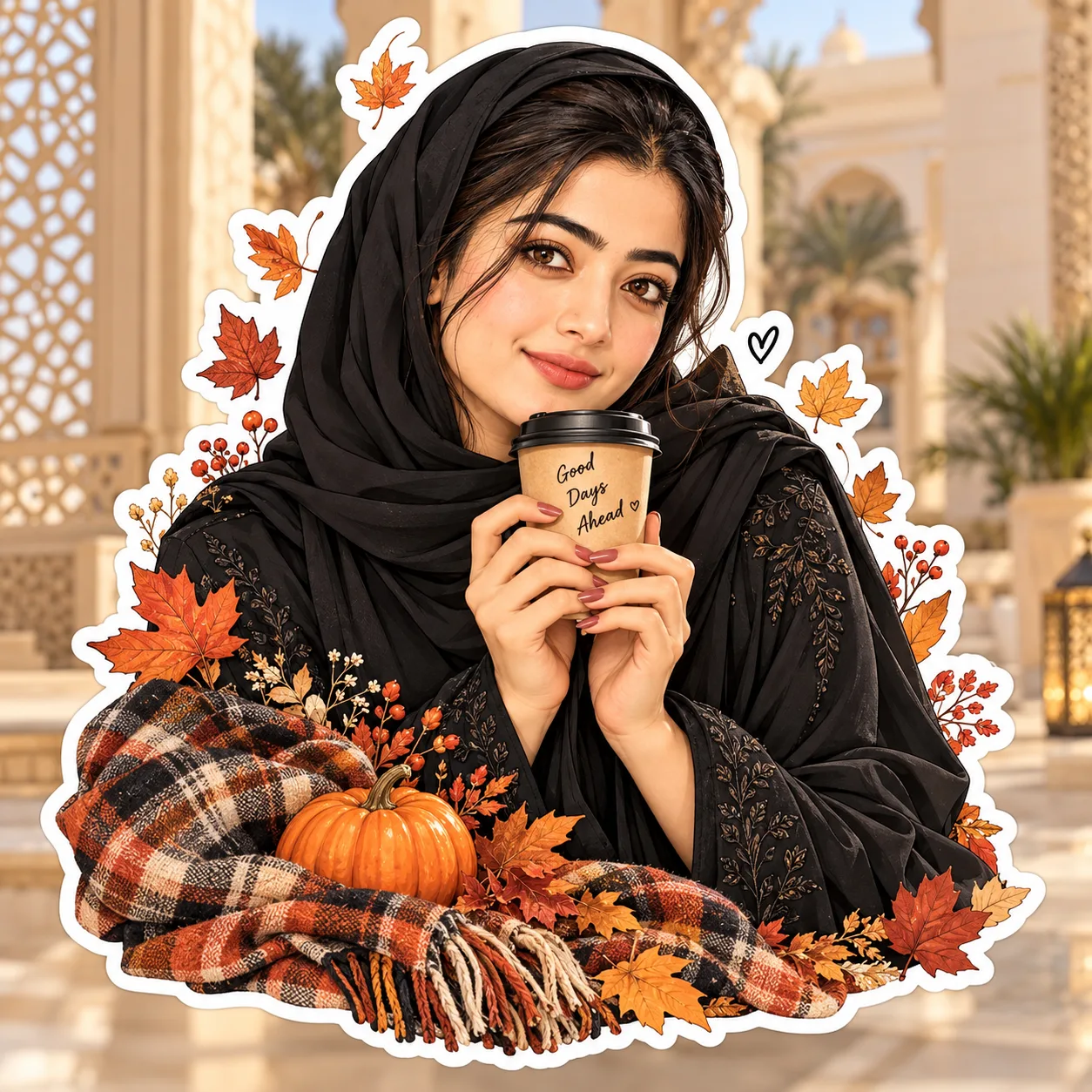 Create a charming premium autumn-themed illustrated sticker portrait of a beautiful young Gulf Arab woman, framed from the waist/chest up