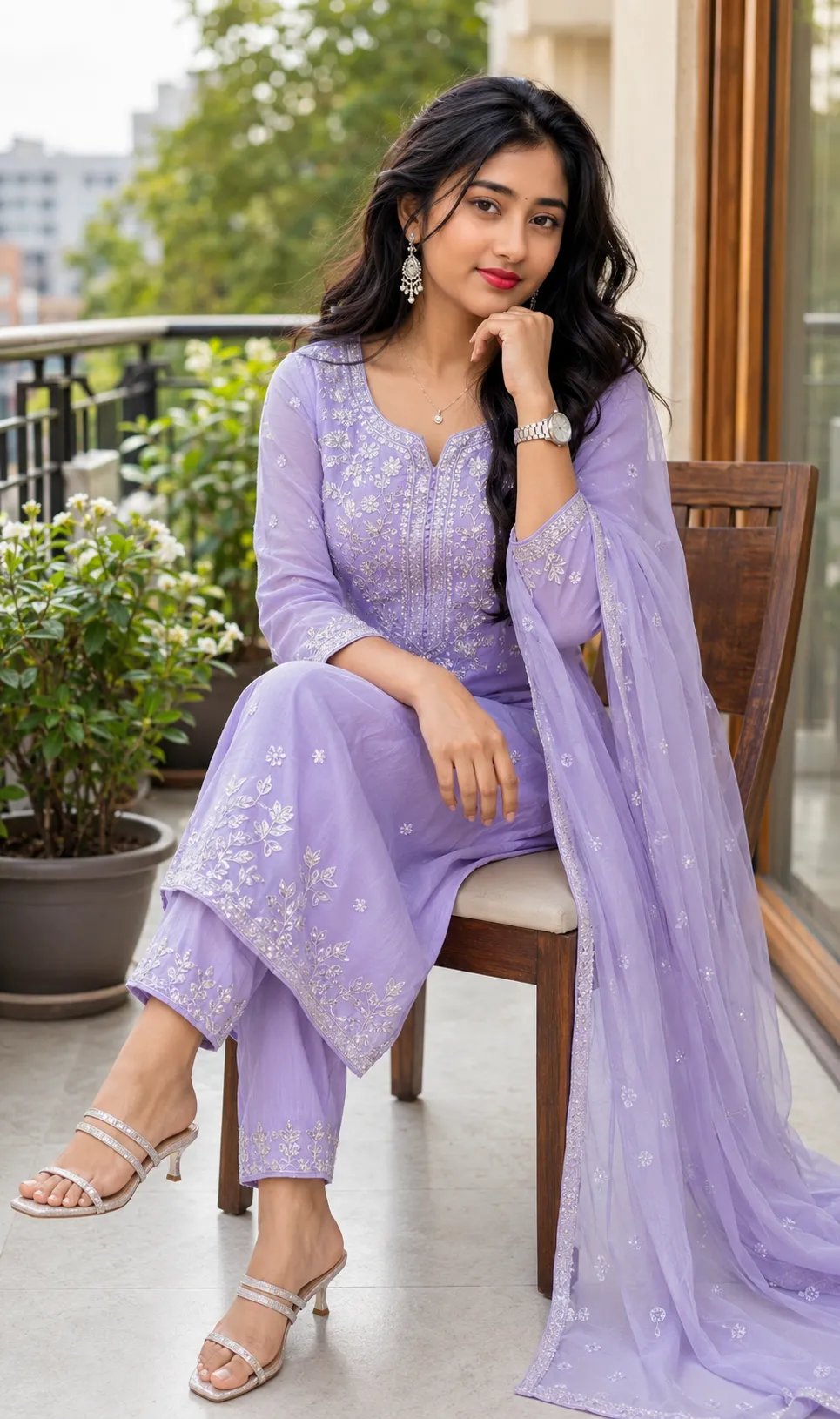 Prompt⤵️ A beautiful young Indian woman with long, wavy dark hair sitting gracefully on an outdoor balcony: She is wearing an elegant