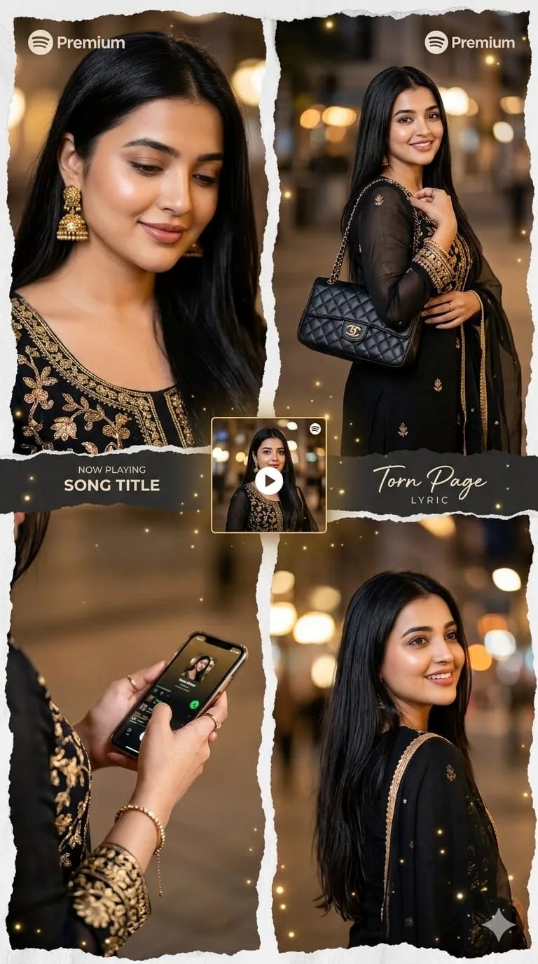 Ultra-realistic cinematic South Asian girl aesthetic four collage portrait, beautiful young Indian woman with long silky straight black