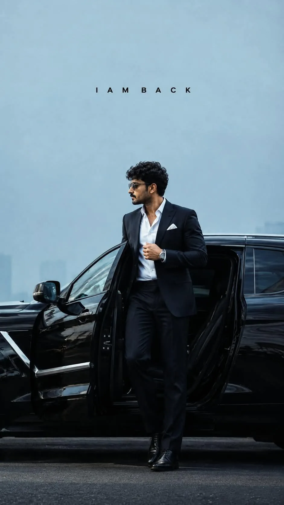 Subject: A stylish young South Asian man standing confidently beside an open-door glossy black luxury SUV, captured in a full-body