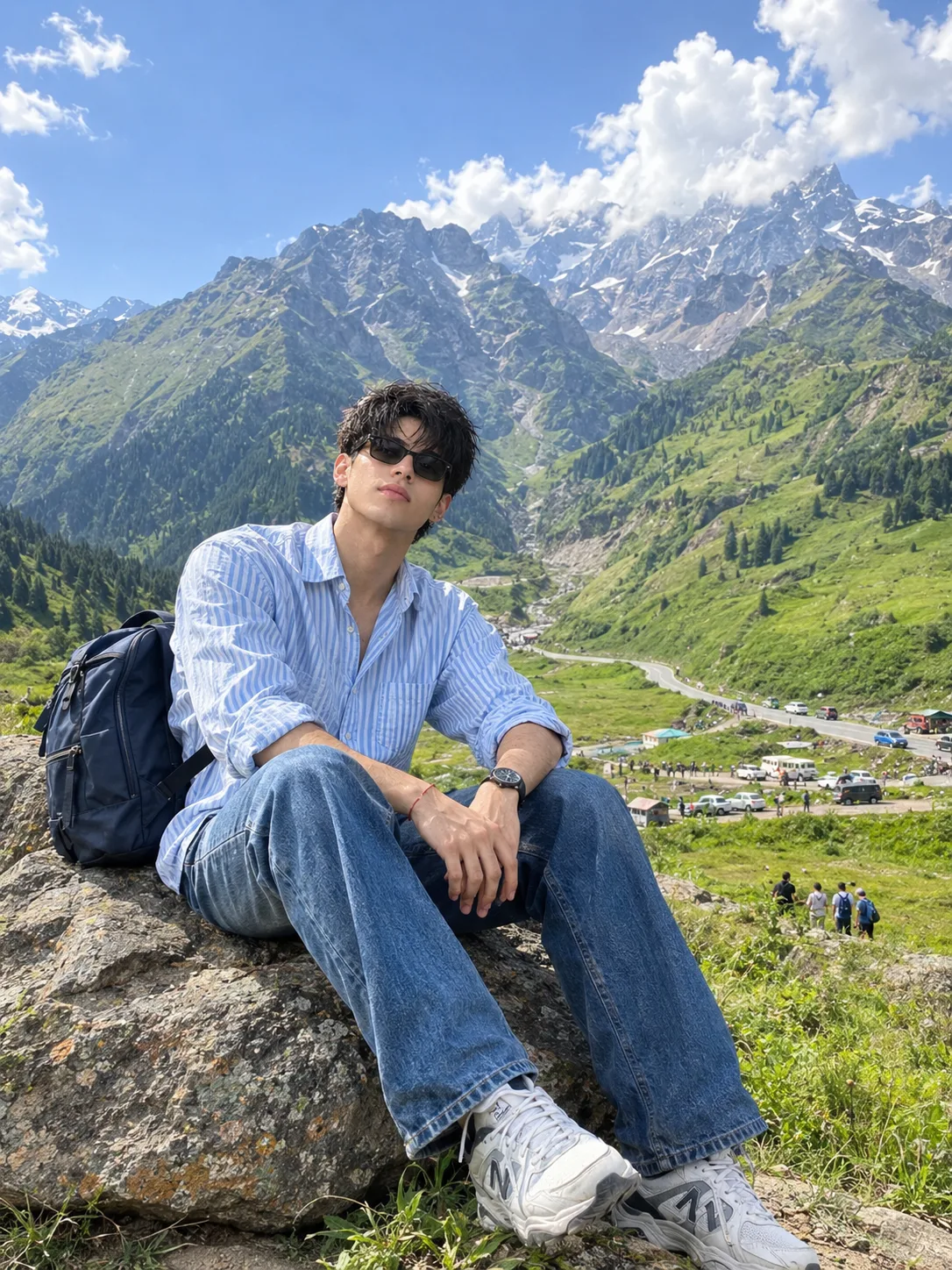Ultra realistic photograph of a young Indian man sitting casually on a large natural rock in a breathtaking Himalayan mountain valley,