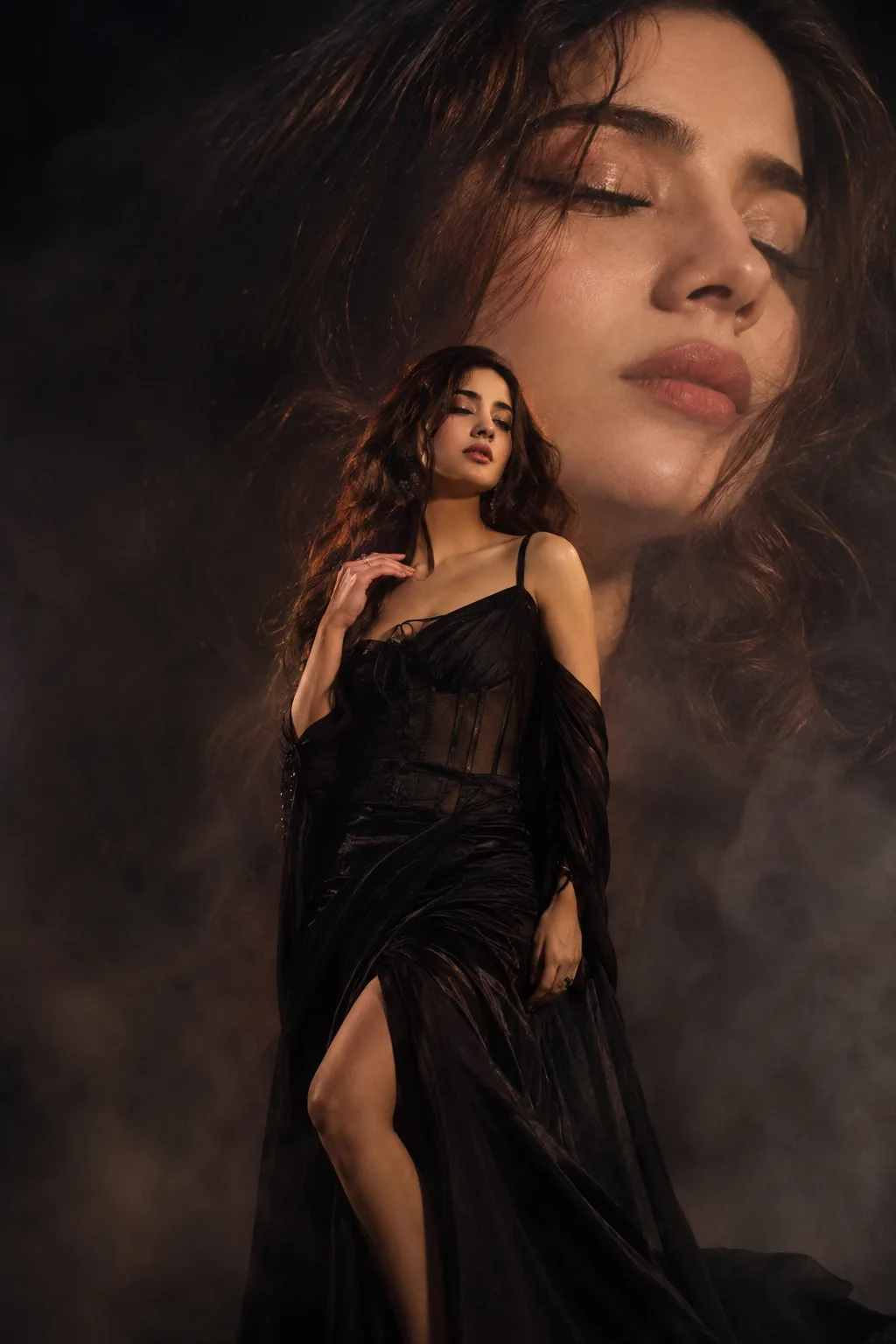 REALISTIC PORTRAIT OF A BEAUTIFUL WOMAN INSPIRED BY REFERENCE PHOTOGRAPHY, LONG WAVY HAIR, ELEGANT BLACK DRESS WITH CORSET DETAILS, SOFT