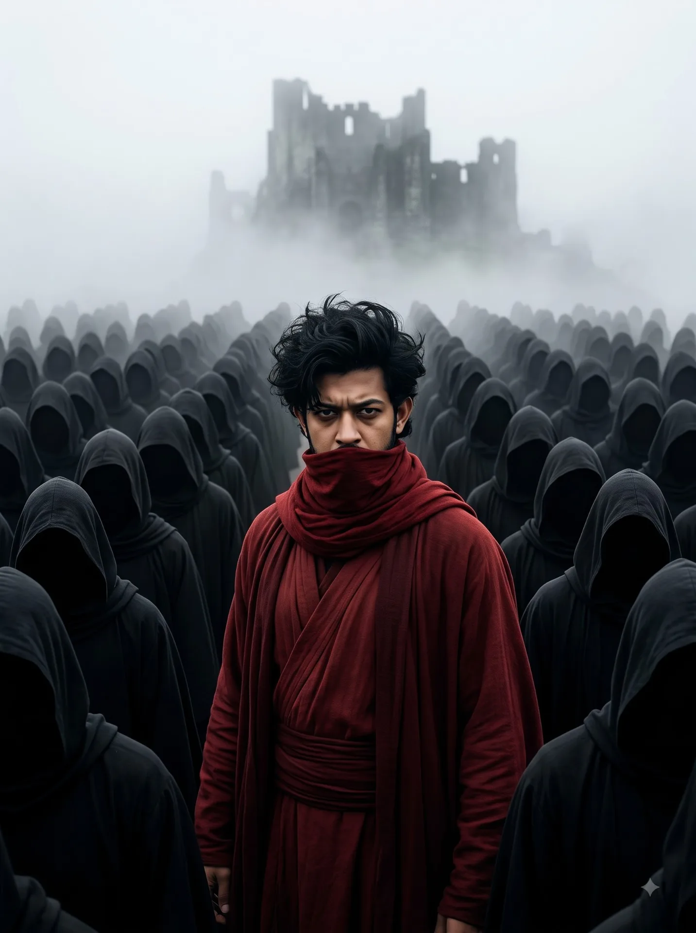 Cinematic 4:5 portrait, eye-level camera, tightly framed. A young man stands exactly in the center foreground, the clear hero, facing