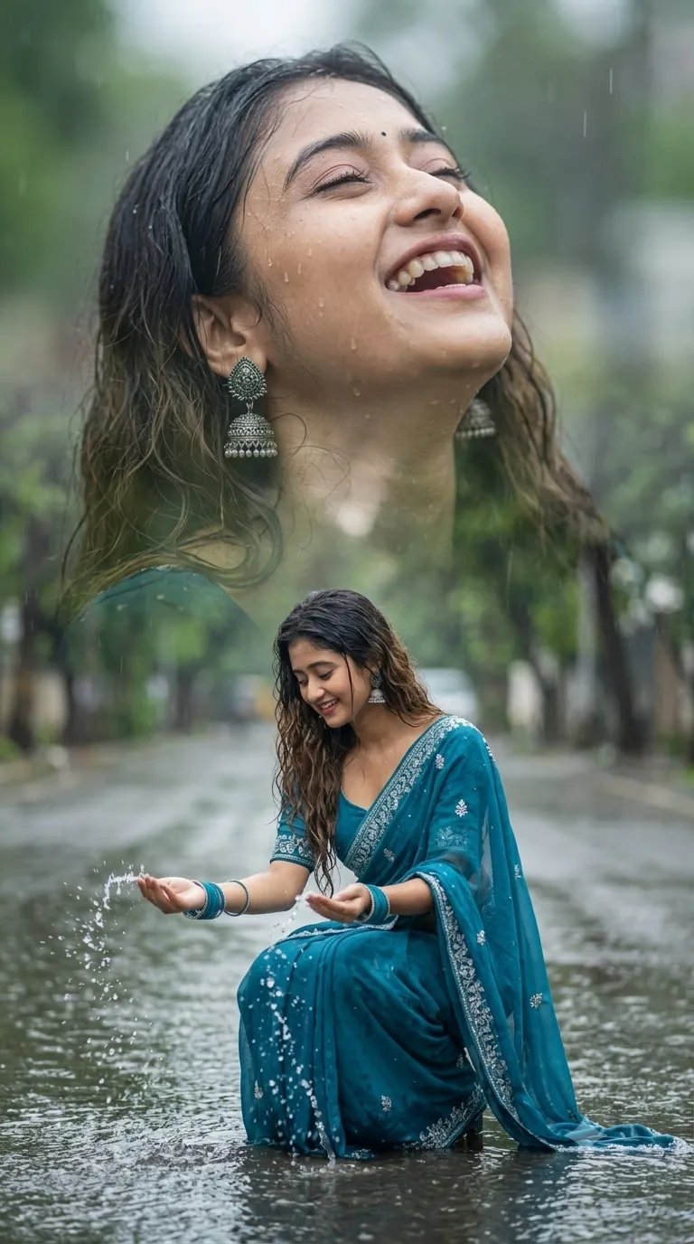 Prompt ⤵️ 💫 Generate a cinematic double exposure photo collage of the uploaded beautiful woman with long wavy hair enjoying a rainy day on
