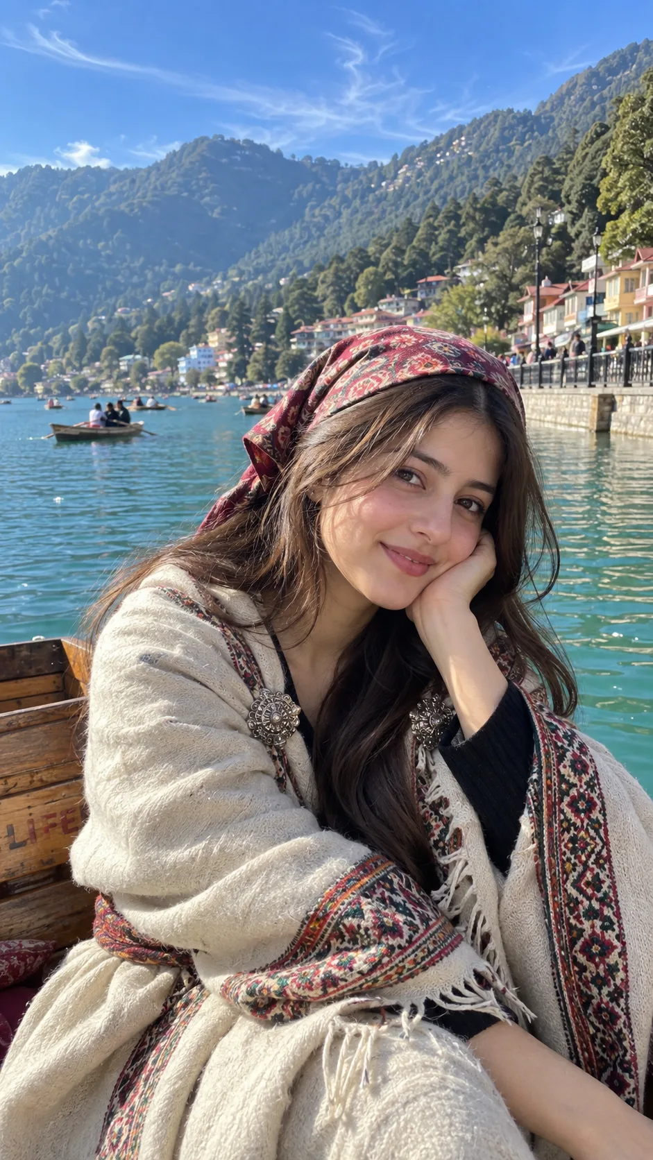 Convert the uploaded image into a young woman Seating close-up shot of her face beside a Nainital lakeside promenade, leaning casually