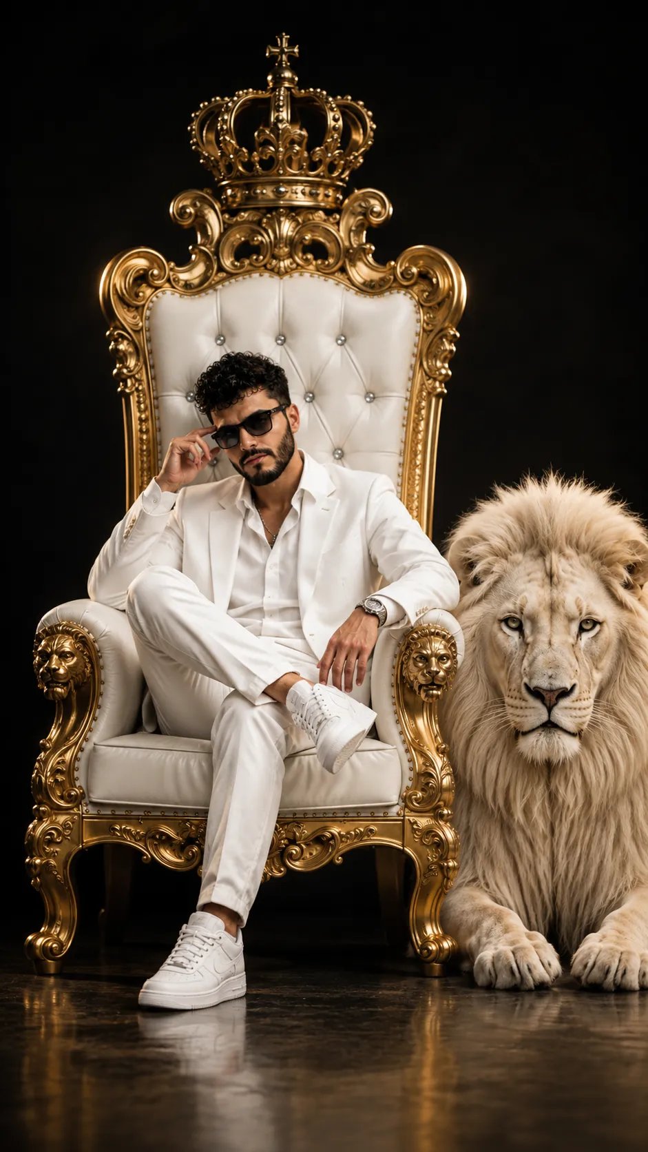 Create an ultra-realistic cinematic royal portrait of a 25 year old young men sitting confidently on a magnificent luxurious white-and-gold