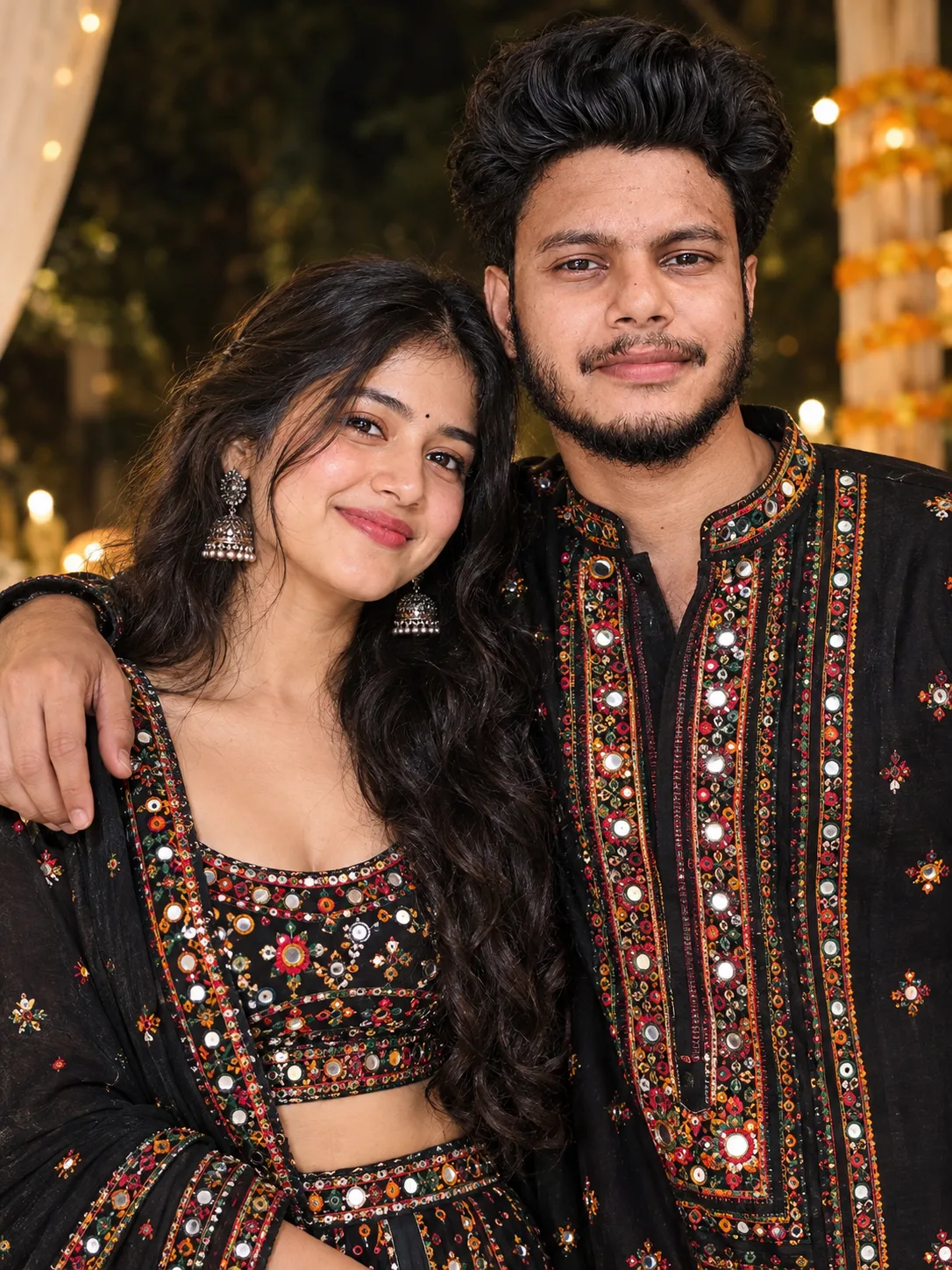 Create a high-quality portrait of a young Indian couple ( Same face as attached images ) standing close together, smiling warmly at the