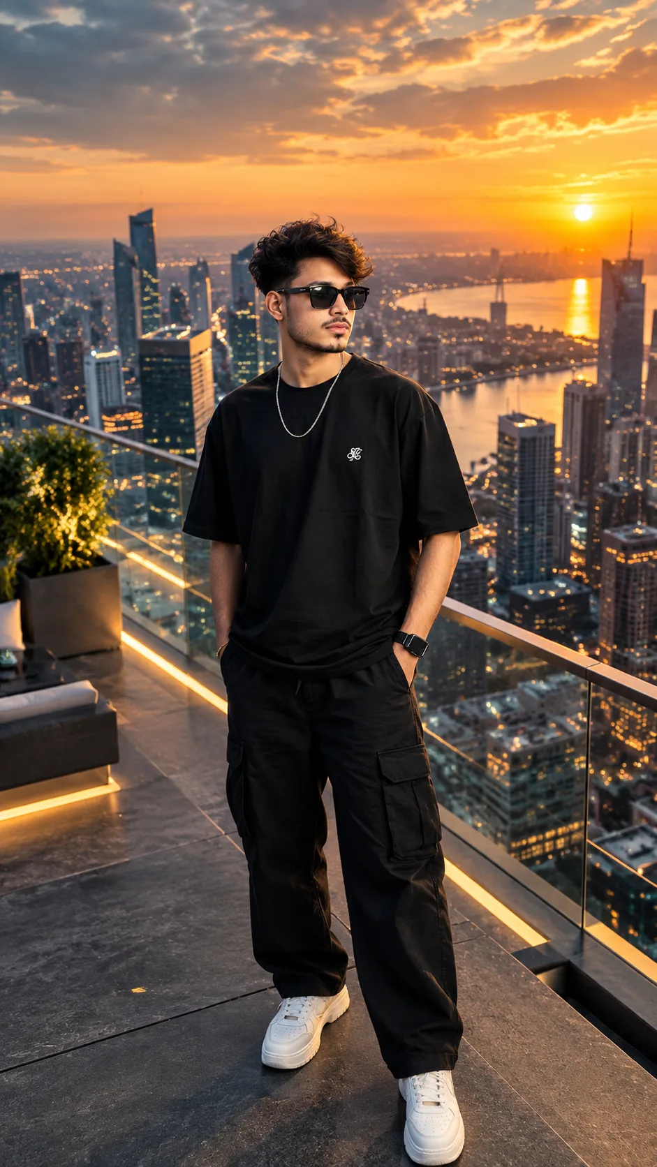 /secret: create a stylish young boy standing confidently on a luxury rooftop, cinematic drone view, dramatic city skyline, Sony 8K