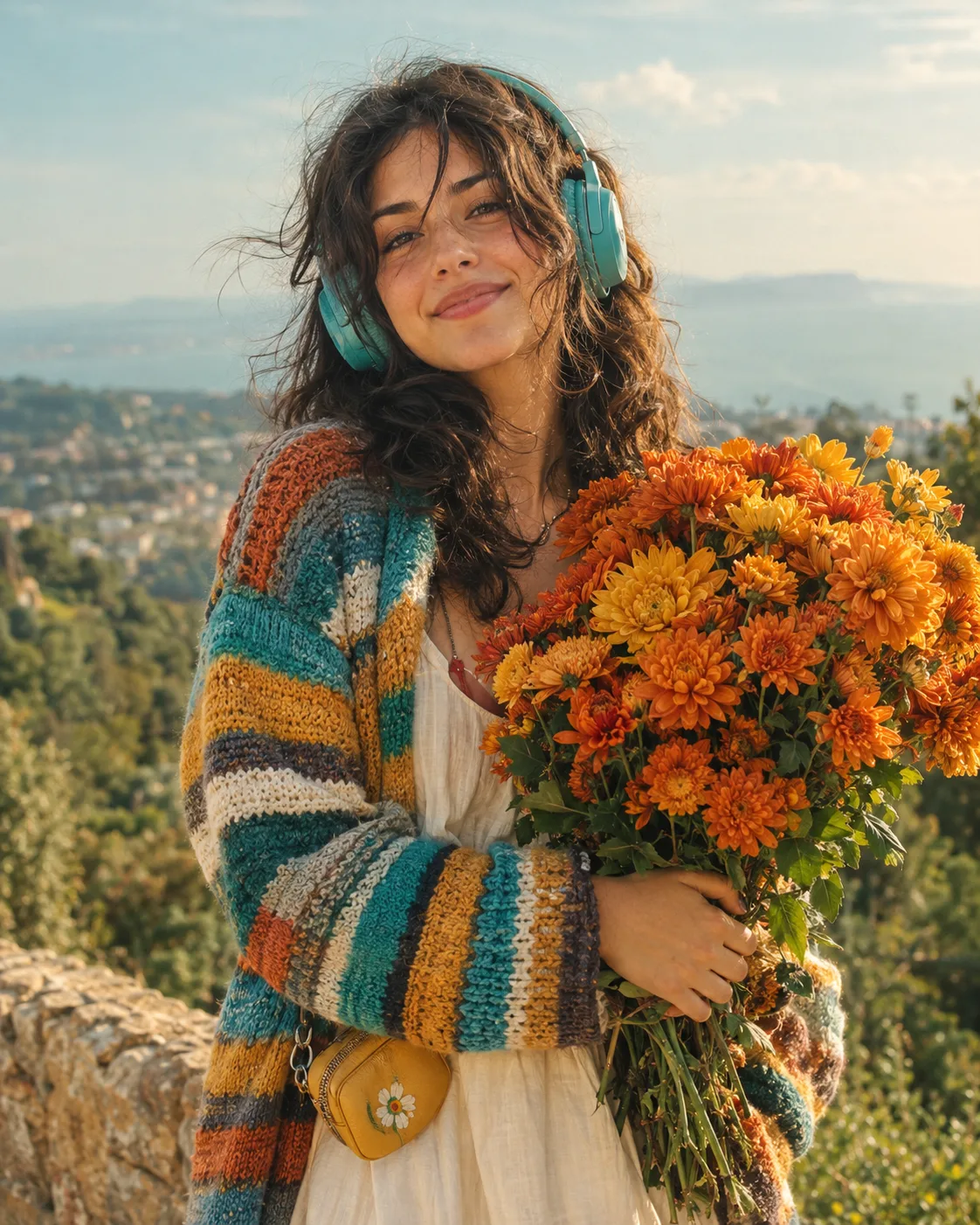 Create a realistic, beautiful portrait of an adult woman enjoying a warm sunny day outdoors.