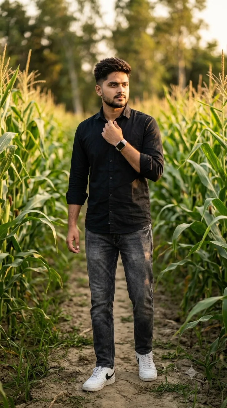 Detailed AI Image Prompt: A vertical 9:16 full-length outdoor portrait of a young man standing in a tall maize/corn field during warm