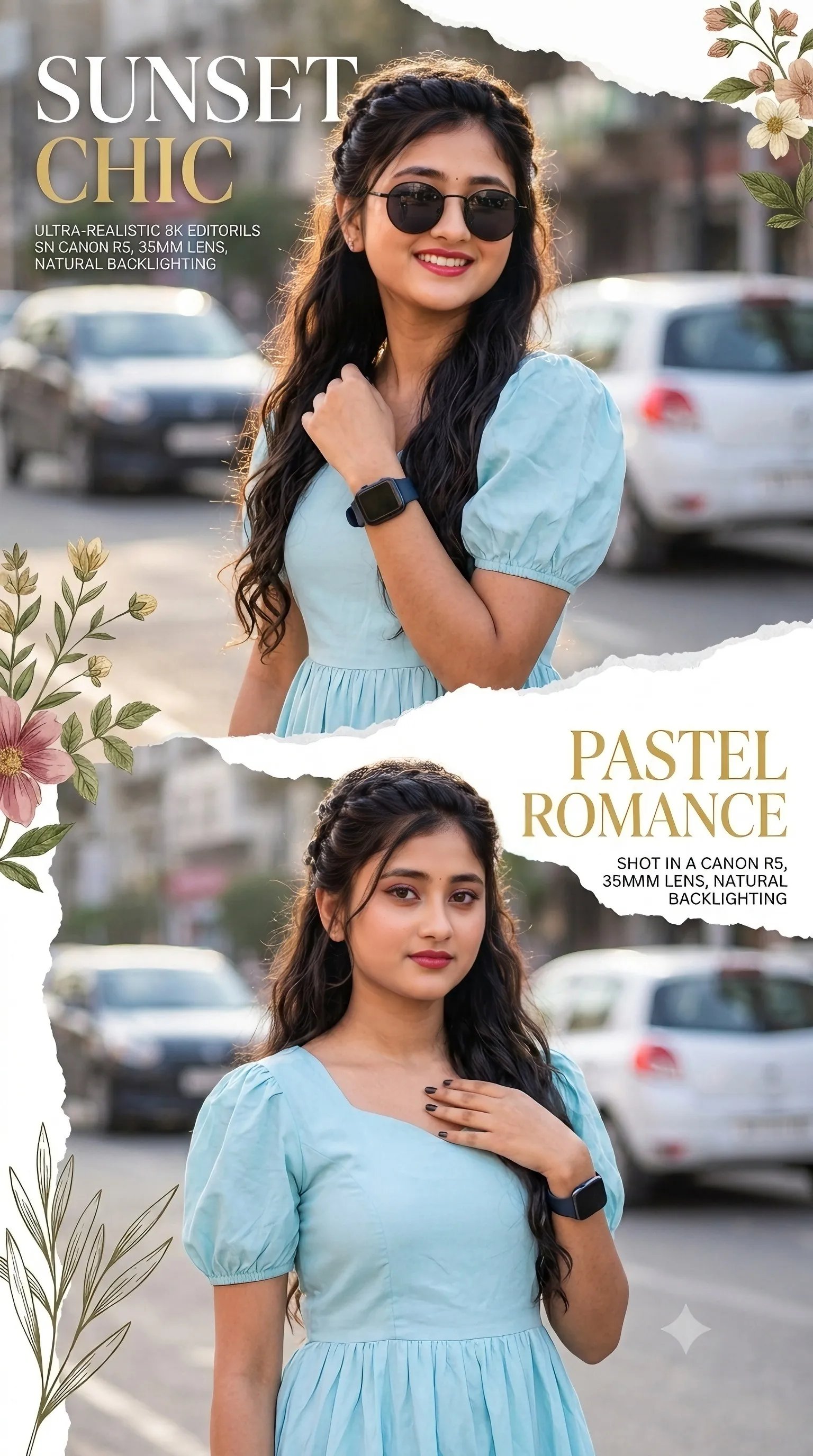 Ultra-realistic editorial collage poster, 8K, vertical.Beautiful South Asian woman in a pastel-blue puff- sleeve dress long wavy black