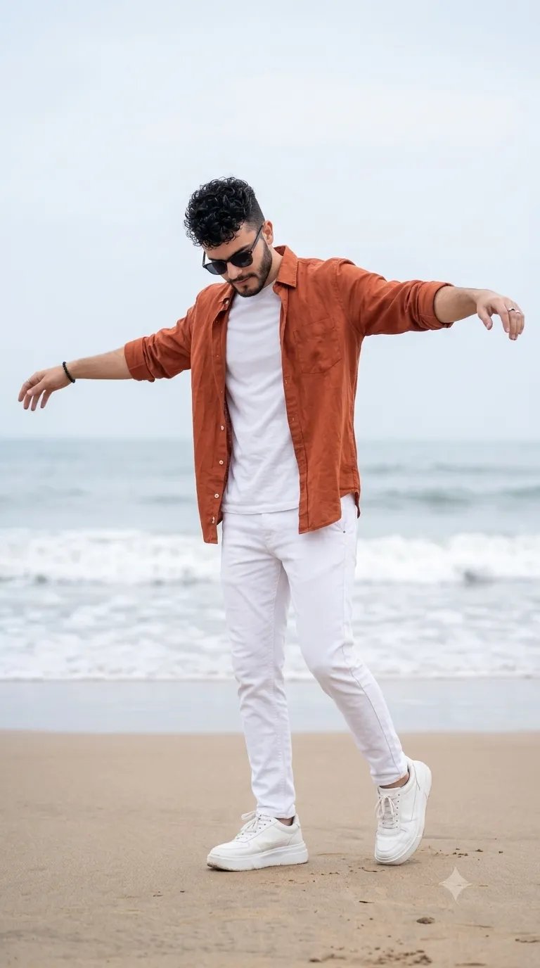 Create a full-body cluse up photo cinematic shot of a stylish young man posing energetically on a serene beach.