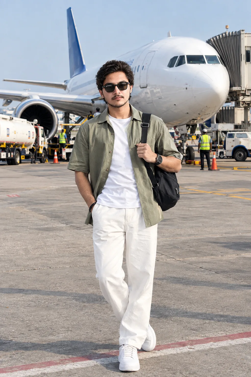 > Create an ultra-realistic 4K/8K UHD cinematic travel portrait of a stylish young South Asian man standing confidently on an airport