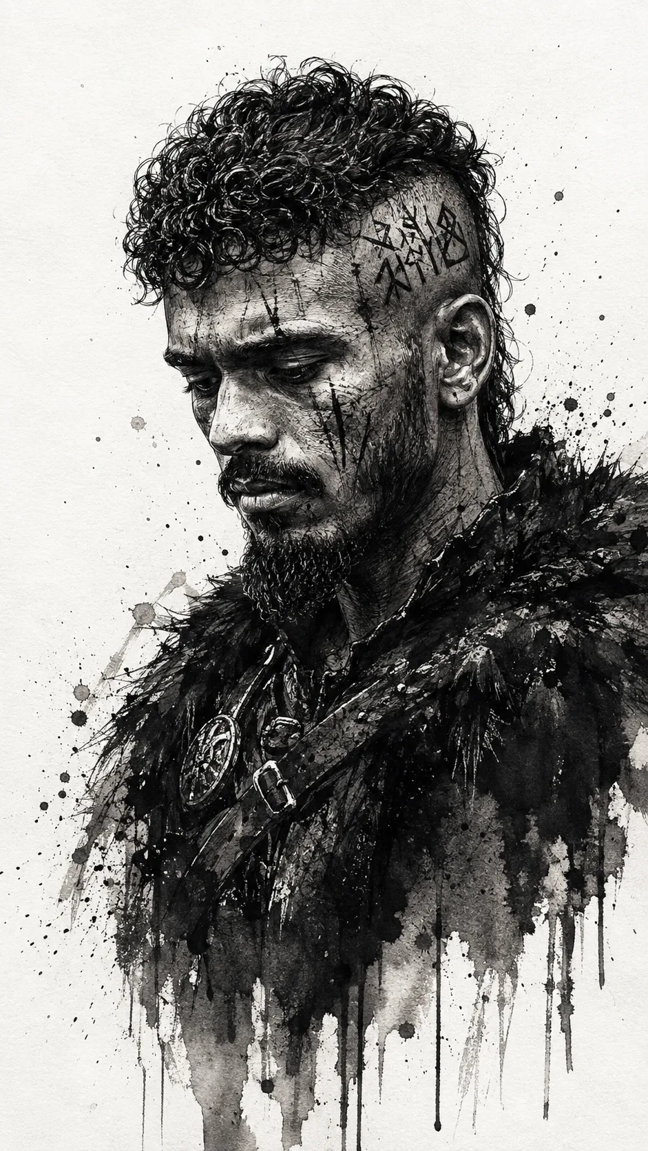 Create a highly detailed black-and-white ink wash and pen-and-ink portrait of a rugged Viking-inspired warrior, shown in a dramatic