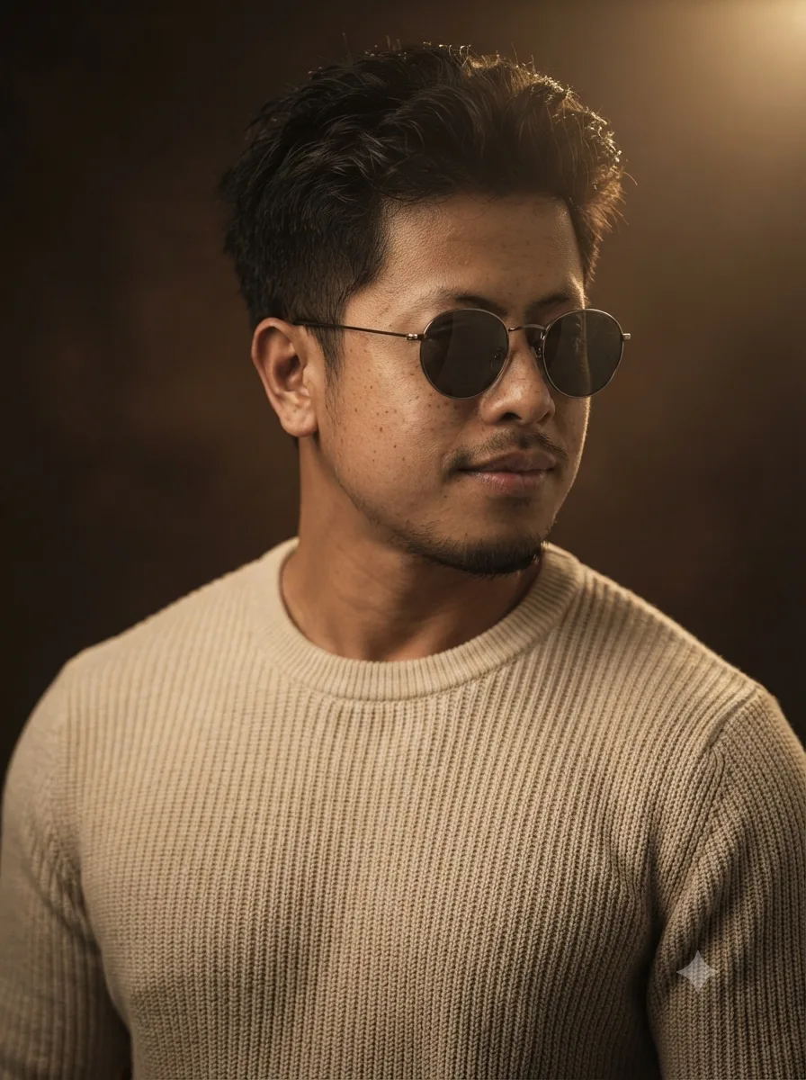 Cinematic portrait of a young man with short dark tousled hair and light stubble, wearing round thin metal-frame sunglasses with dark