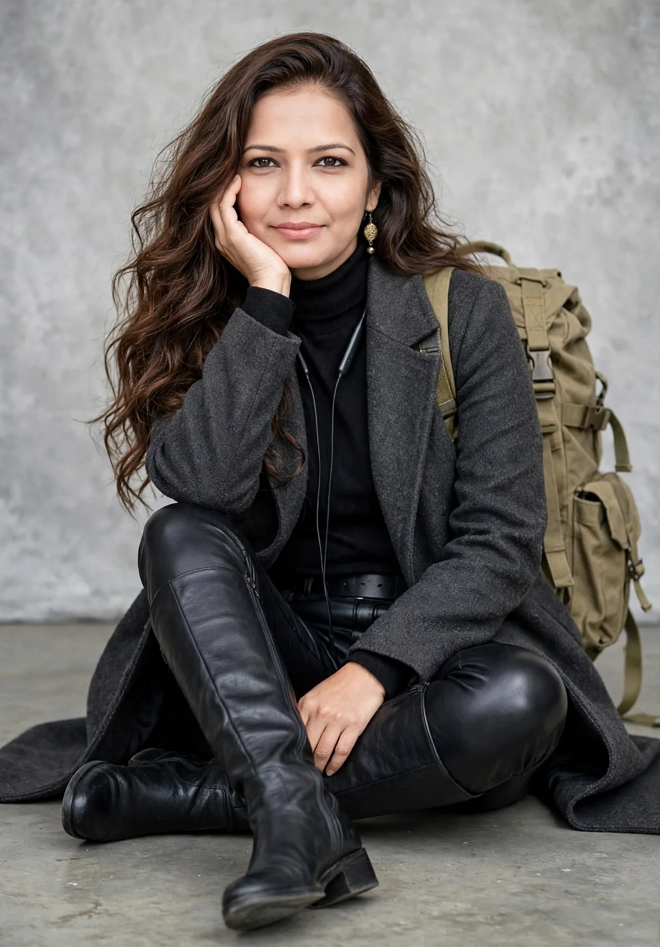 Photorealistic studio portrait of a young woman with long wavy voluminous brown hair, sitting on a grey concrete floor.