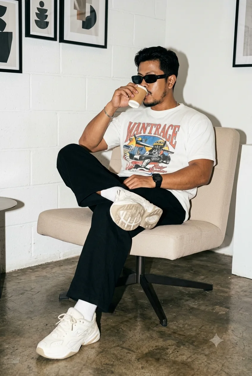 Vertical lifestyle fashion editorial photograph of a young adult seated in a modern beige lounge chair.