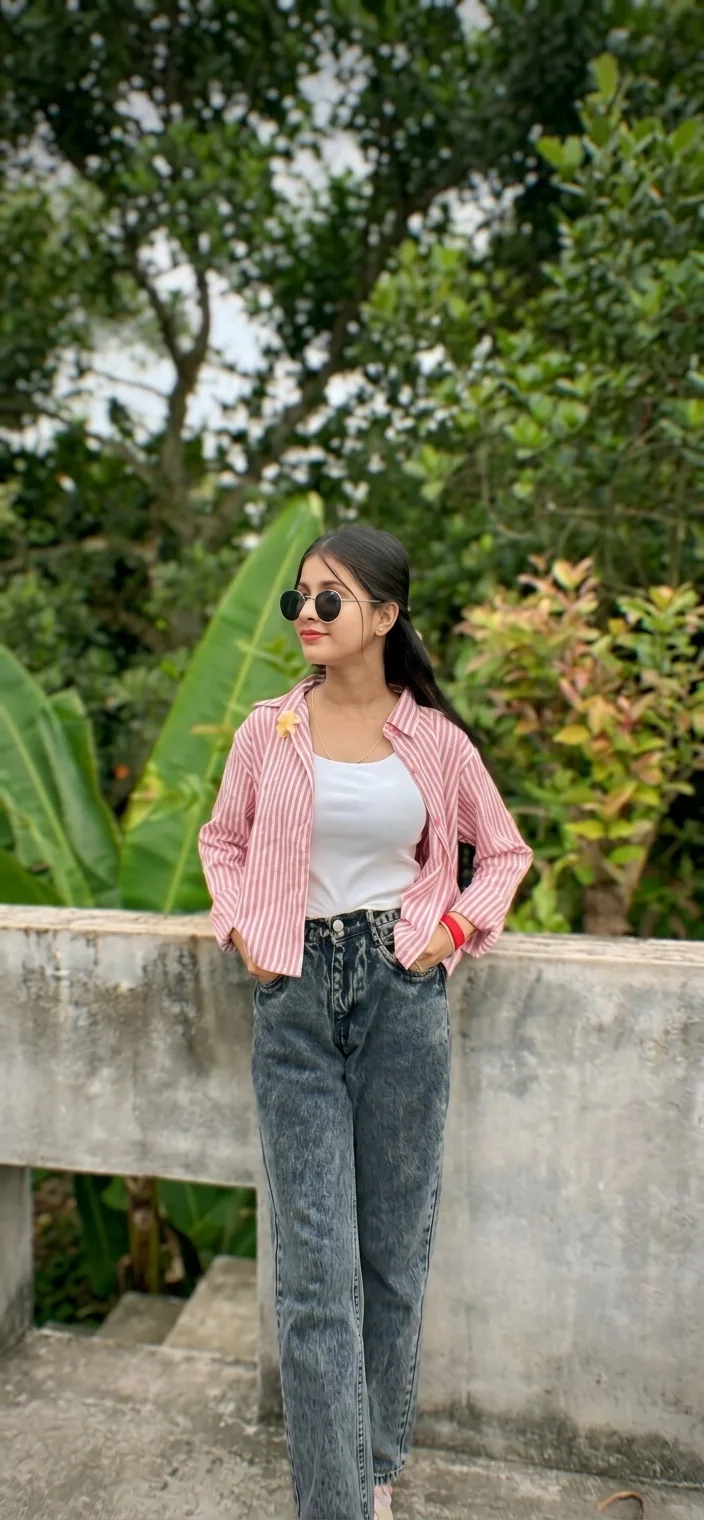 A photorealistic vertical full-length shot capturing the young South Asian woman from the reference image, faithfully preserving her