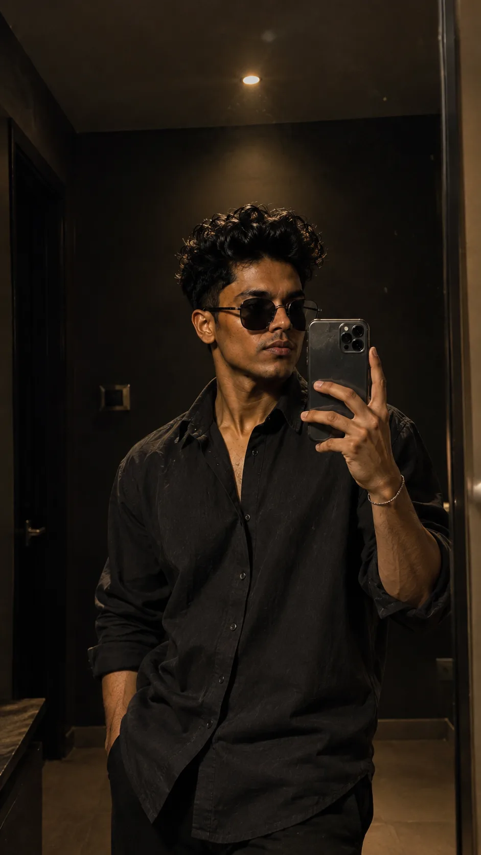 Visual Style: Ultra-realistic smartphone mirror selfie × dark minimalist interior × contemporary menswear × intimate candid photography ×