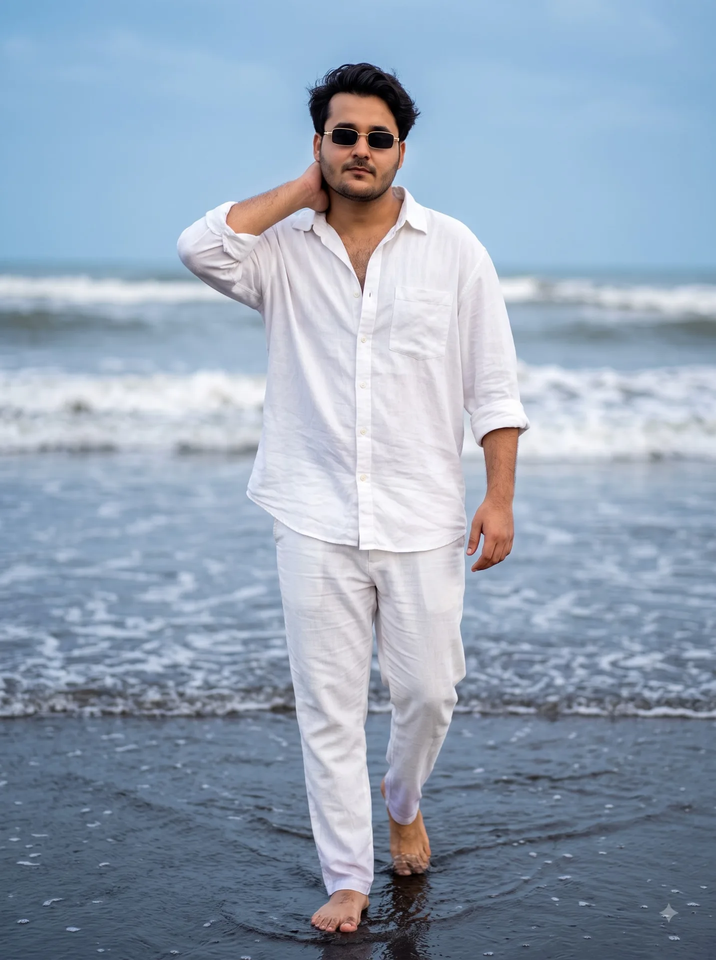 Full body DSLR photo of a young South Asian man in his mid-20s, with stylish black hair styled and a light beard, wearing small rectangular