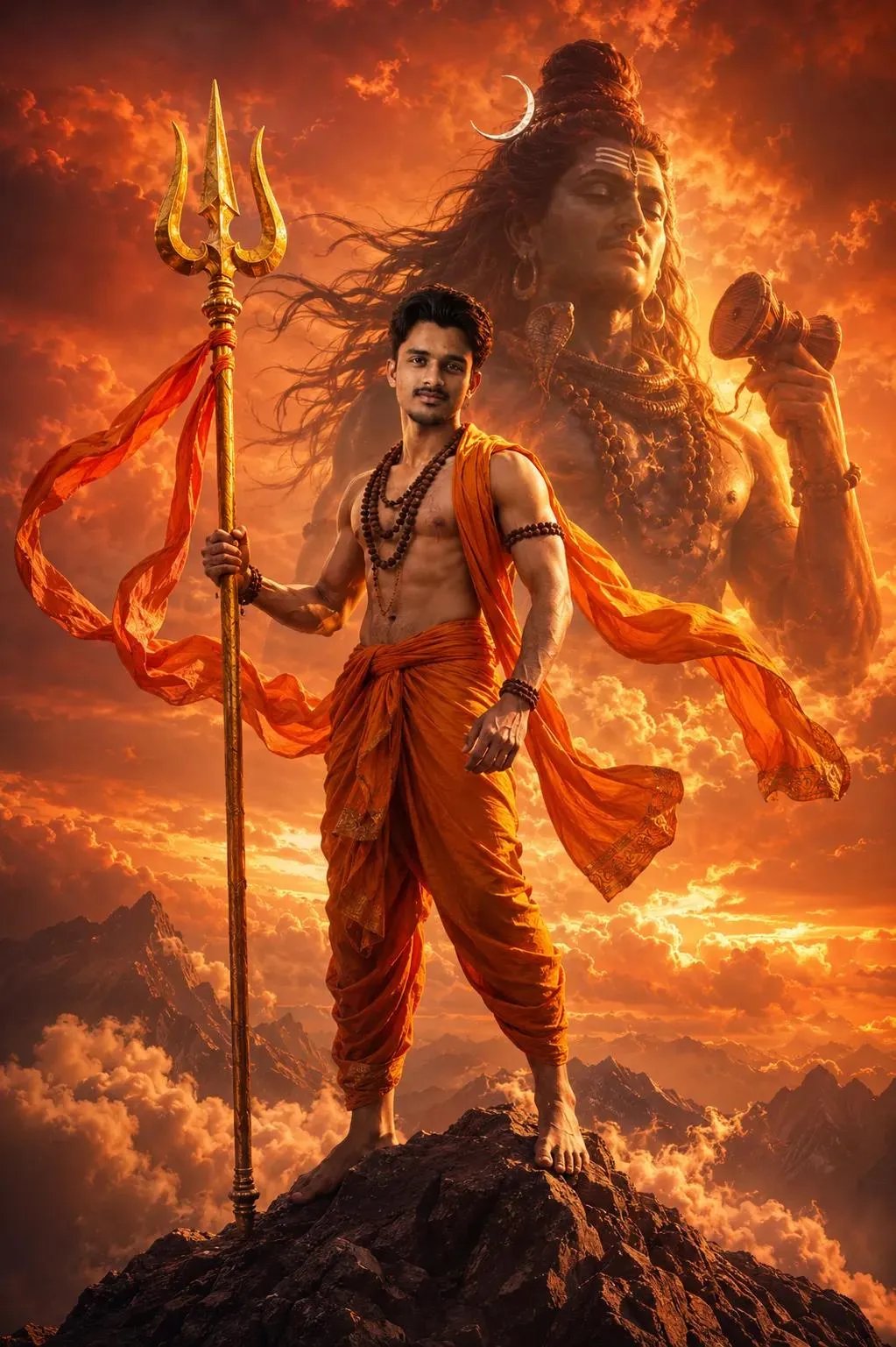 DIVINE SHIVA ASCENT🔱🔥 official_shivam_jii A powerful Hindu mythological warrior standing barefoot on a rocky mountain peak, wearing a
