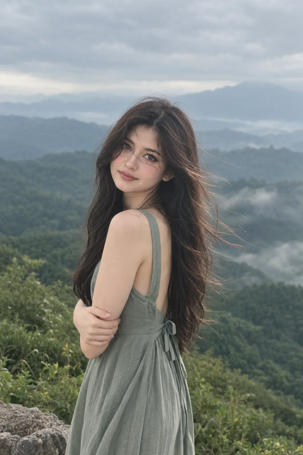 A young adult East Asian woman standing on a mountain viewpoint, framed from half-body to three-quarter body.