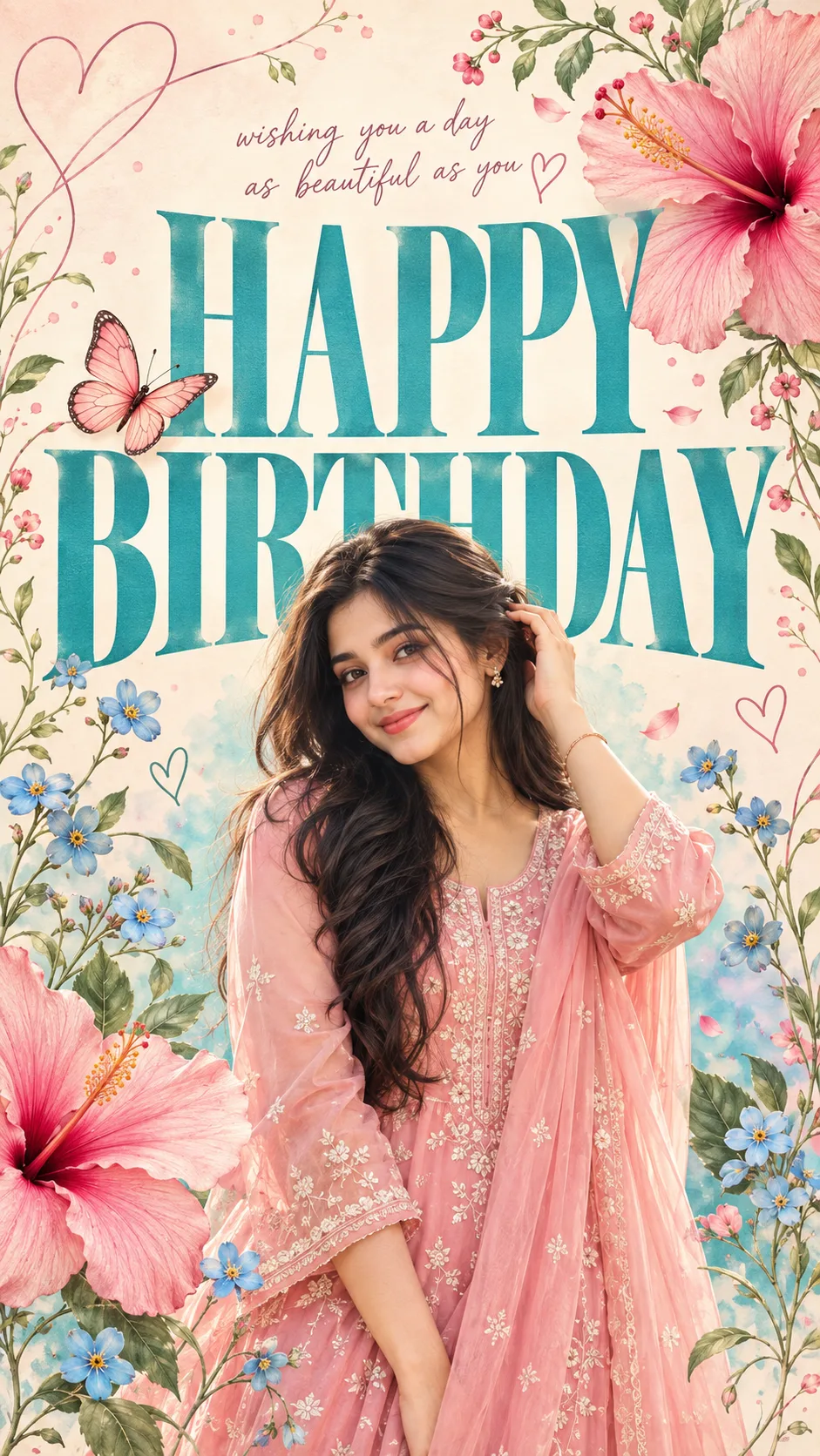 Create a highly detailed vertical birthday greeting-card portrait poster, closely matching the supplied reference image in overall