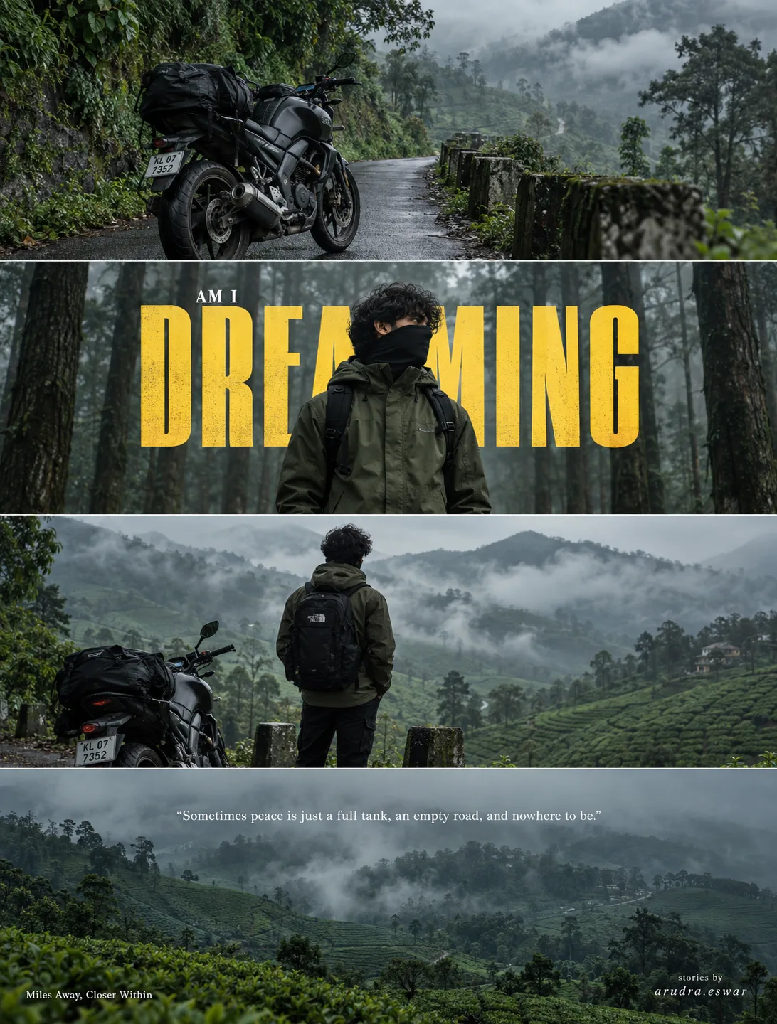 Cinematic four-panel vertical solo motorcycle travel collage set in misty green South Indian hill country.