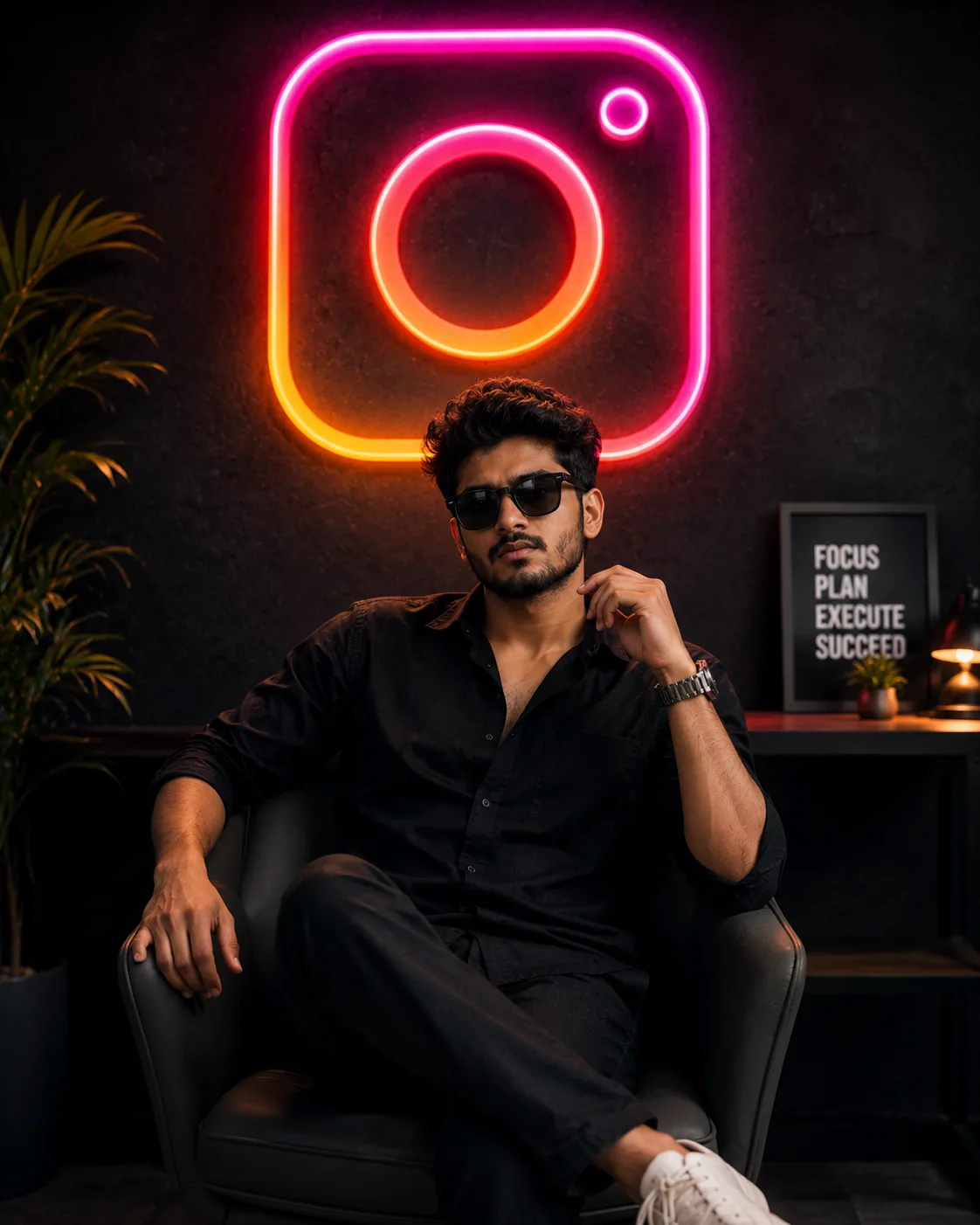 Create a highly realistic, premium cinematic portrait of a stylish young South Asian man sitting confidently on a modern dark armchair.
