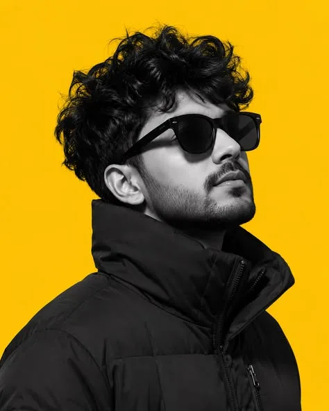 A bold, high-contrast studio portrait of a handsome young South Asian man in a three-quarter side profile, looking slightly upward.