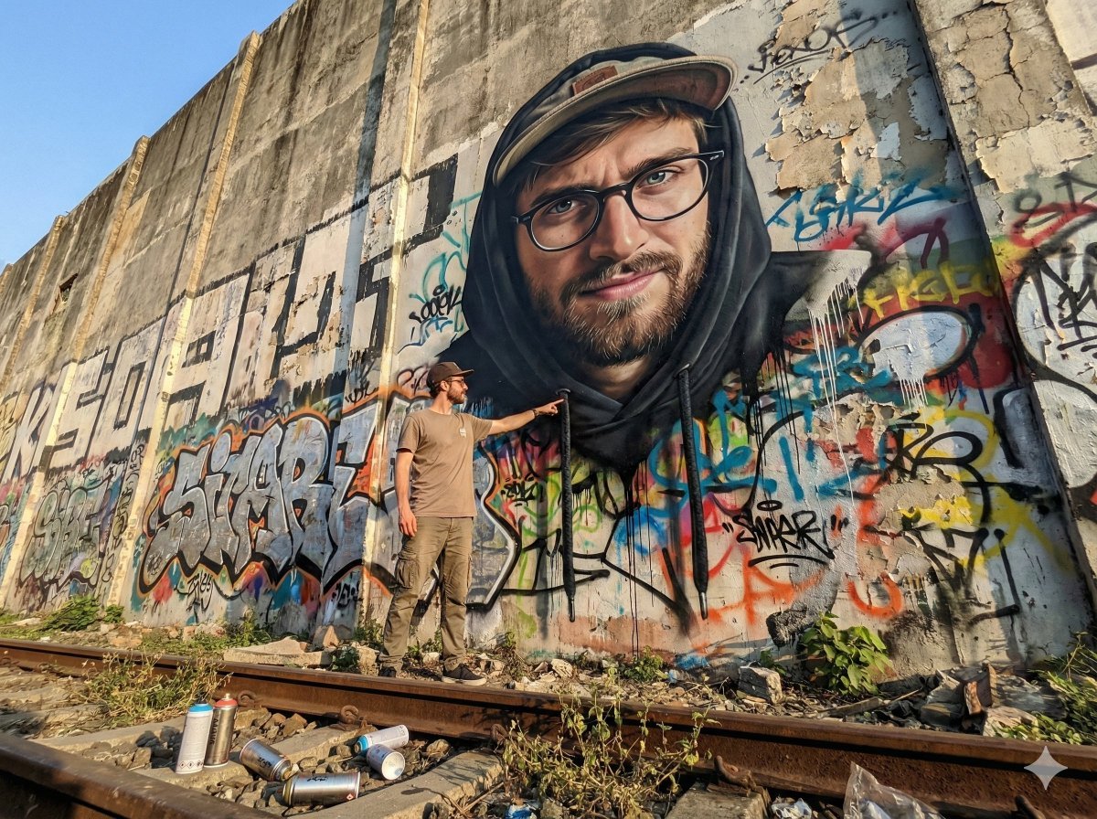 Gaint photorealistic street art mural covering entire wall, subject painted as mural using uploaded face reference, upper body and head